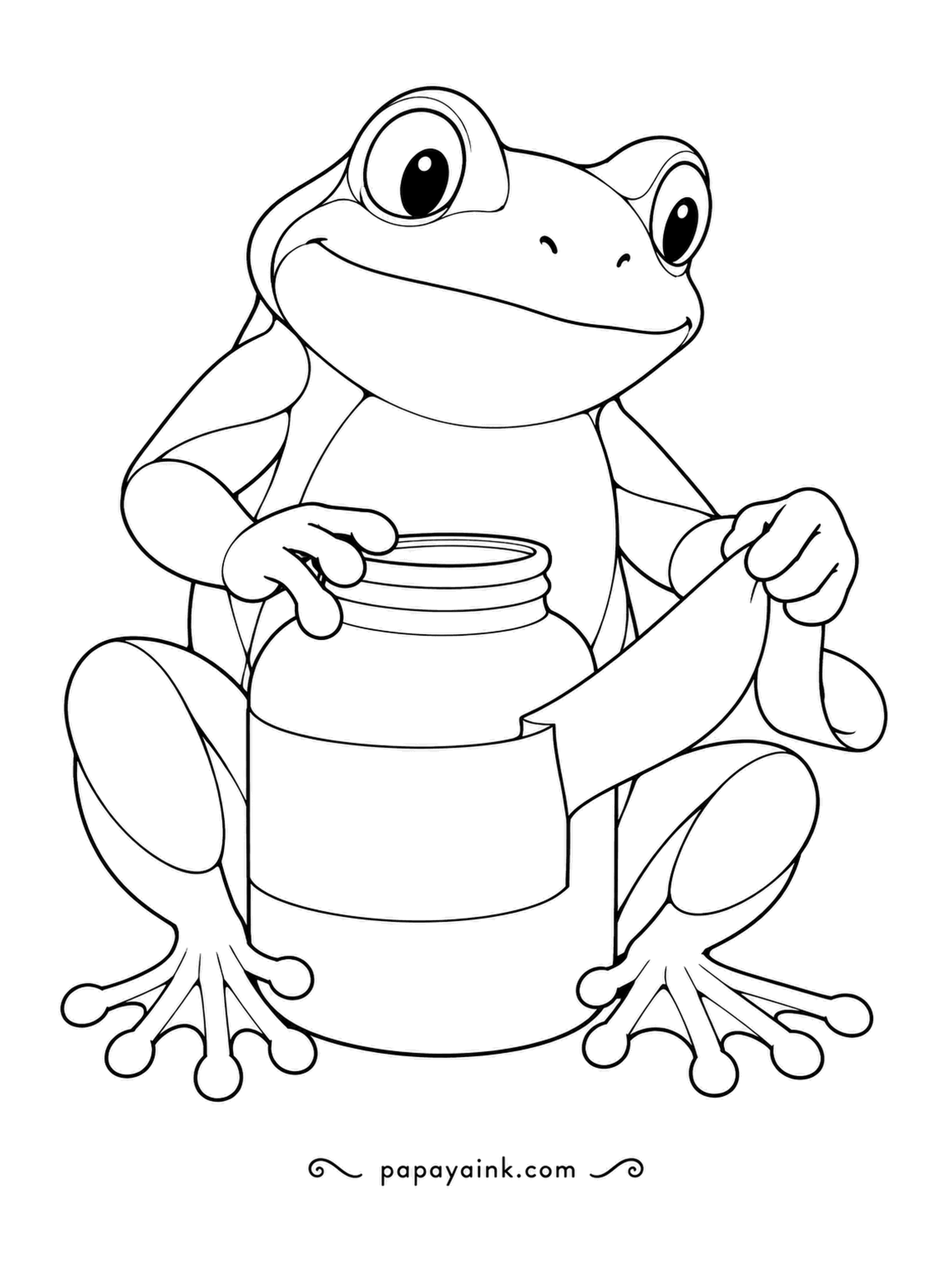 Frog Coloring Pages - Label removal, the satisfying way: a stubborn sticker, a wide jar and a frog peeling it off in one long curl. Double outlines and plenty of open space for color.