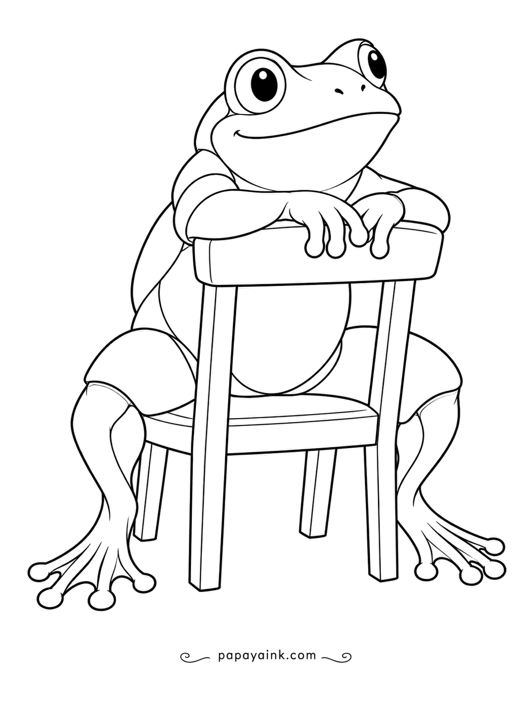 Frog Coloring Pages - Chair turned around, arms folded on the backrest, our host sits like someone settling in for a long chat. Layered contours and long webbed toes.