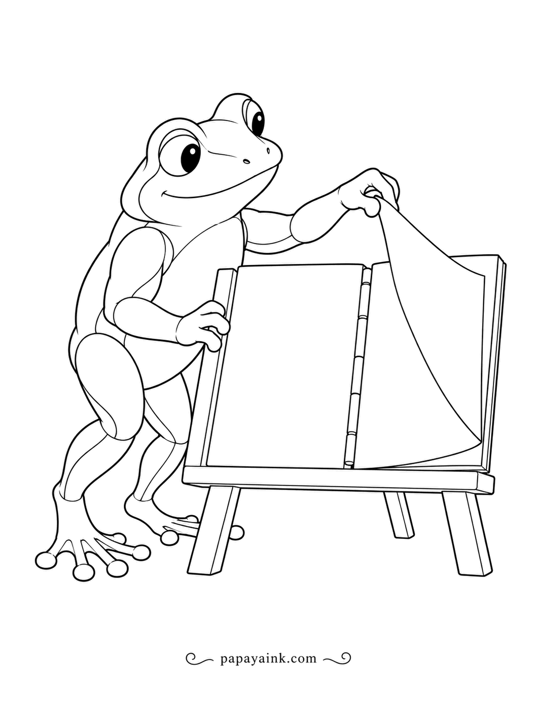 Frog Coloring Pages - A flip chart on an easel, and a frog presenting the next page like a teacher with a plan. Layered contours and lots of white.