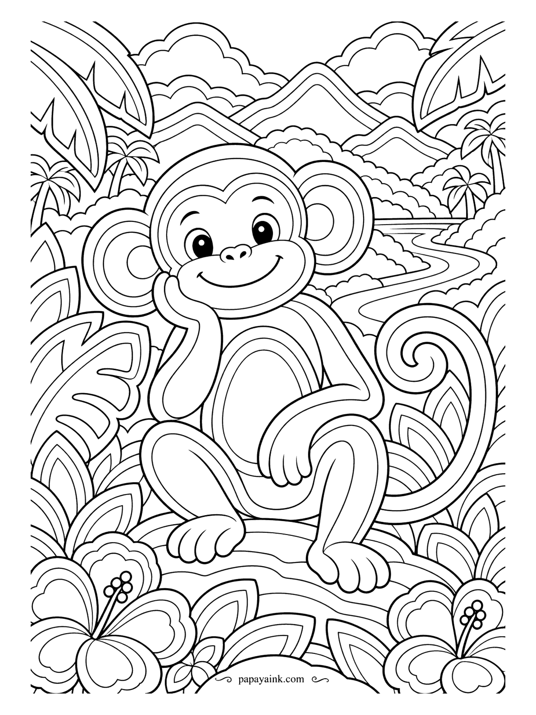 Monkey Coloring Pages - Chin in hand, lost in thought, with mountains, clouds and a winding river stacked behind in concentric paper-cut layers. Give each layer a slightly lighter tint than the one in front and the scene gains real depth.