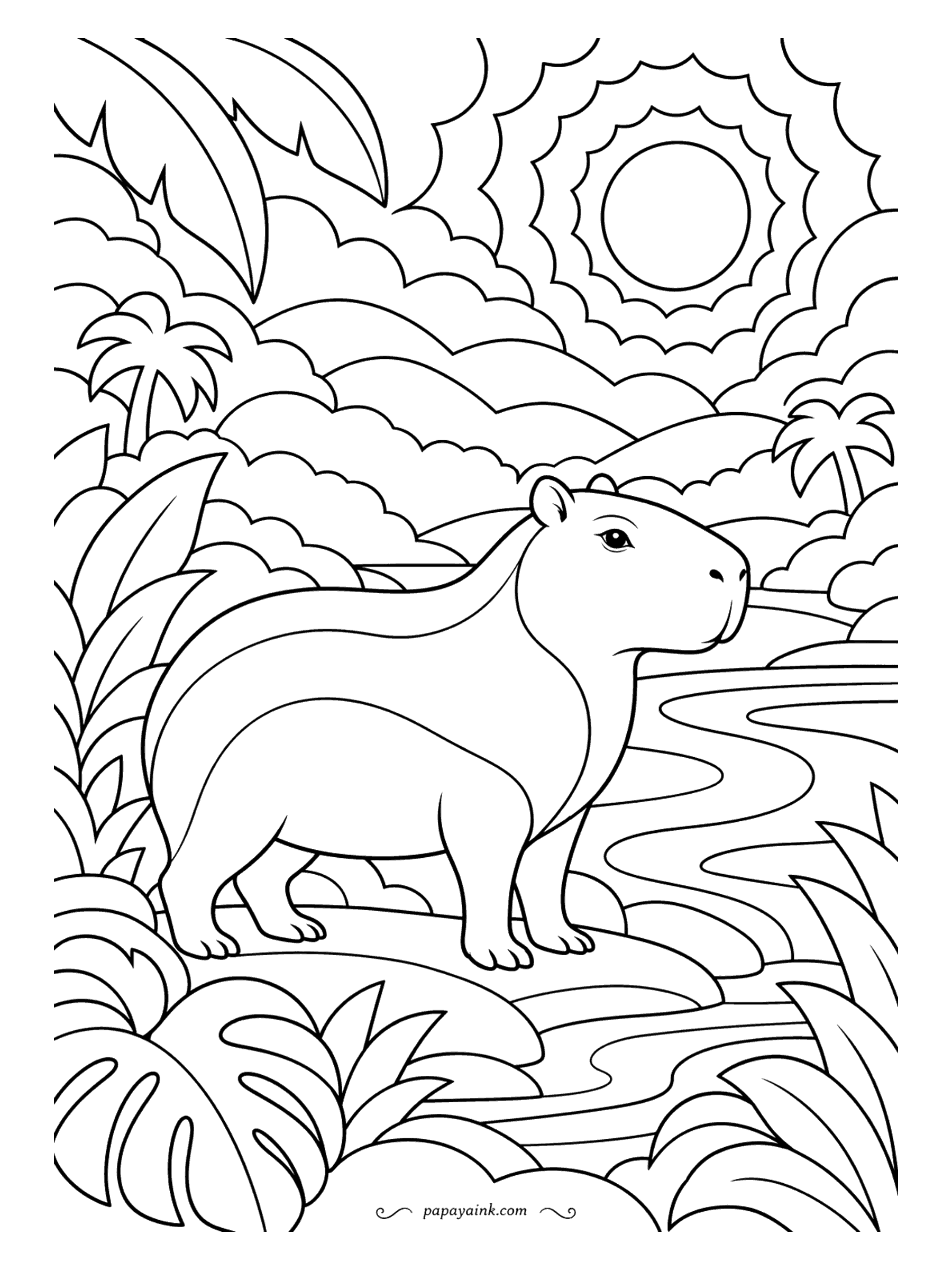 Capybara Coloring Pages - Layered papercut style, as if cut from stacked sheets of colored paper: rolling hills, wavy river bands and a scalloped sun around a capybara on the bank. Color each layer a shade deeper than the one in front of it.