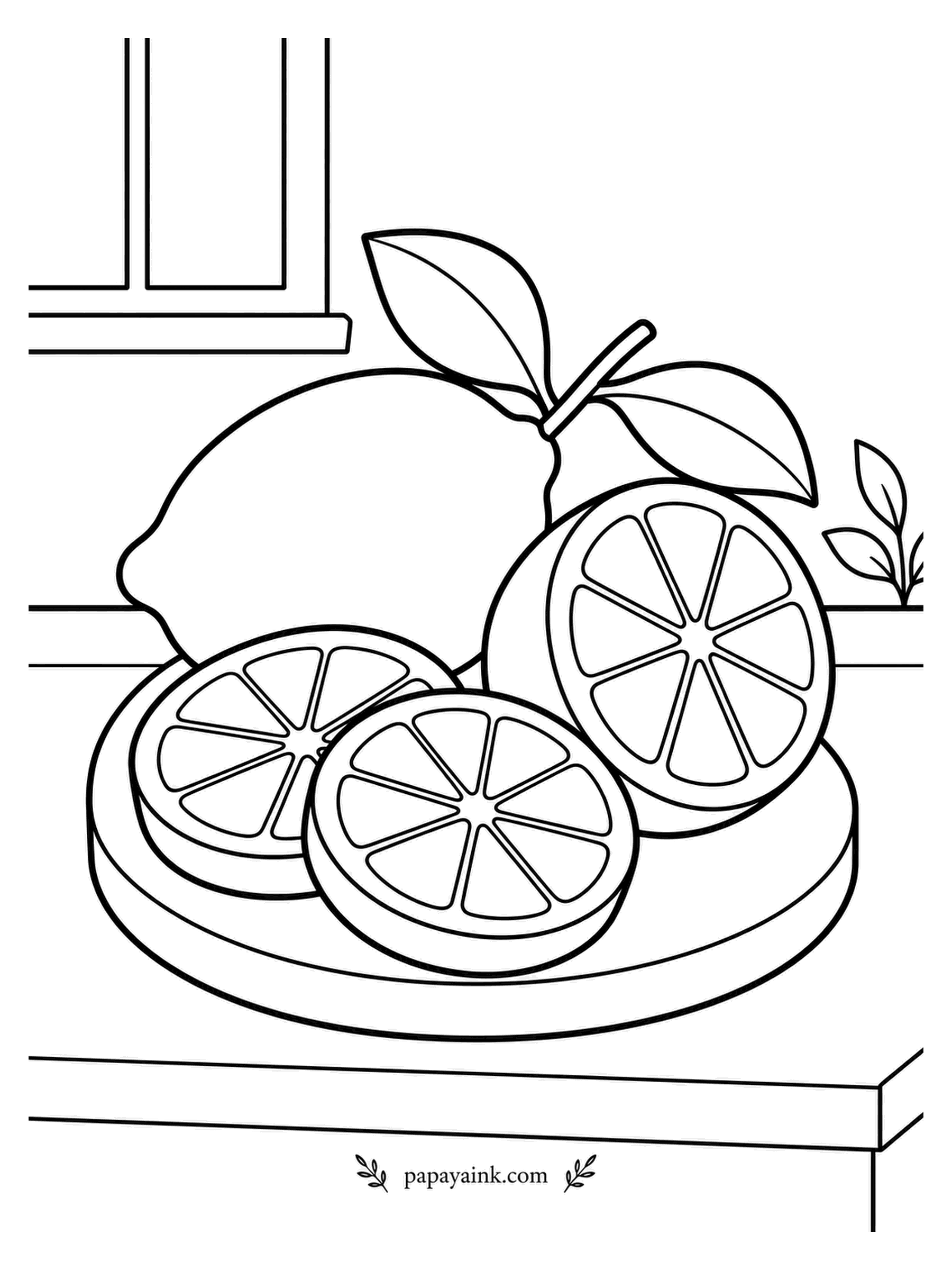 Fruit Coloring Pages - Round board, whole lemon, a cut half standing on its edge, two slices and a sprig of leaves poking in from the right. Lemon rind has visible pores: dot the skin with a slightly darker yellow before anything else.