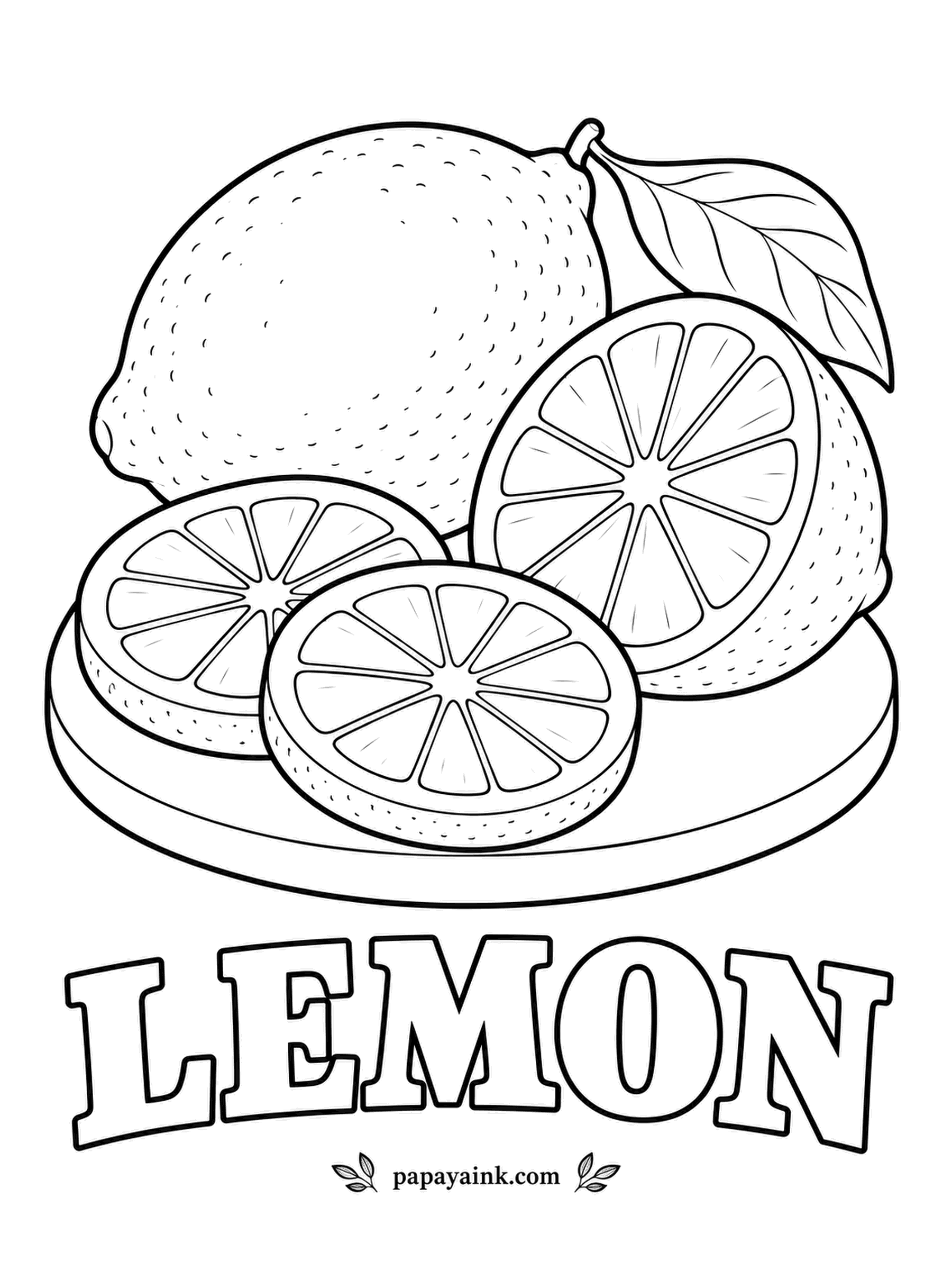 Printable Fruit Coloring Pages - Whole lemon, a half and two thick slices with the segments laid out like spokes. Lemon rind is pitted all over, which the dotted texture captures, so a flat yellow fill plus a lighter pith ring is all it needs.