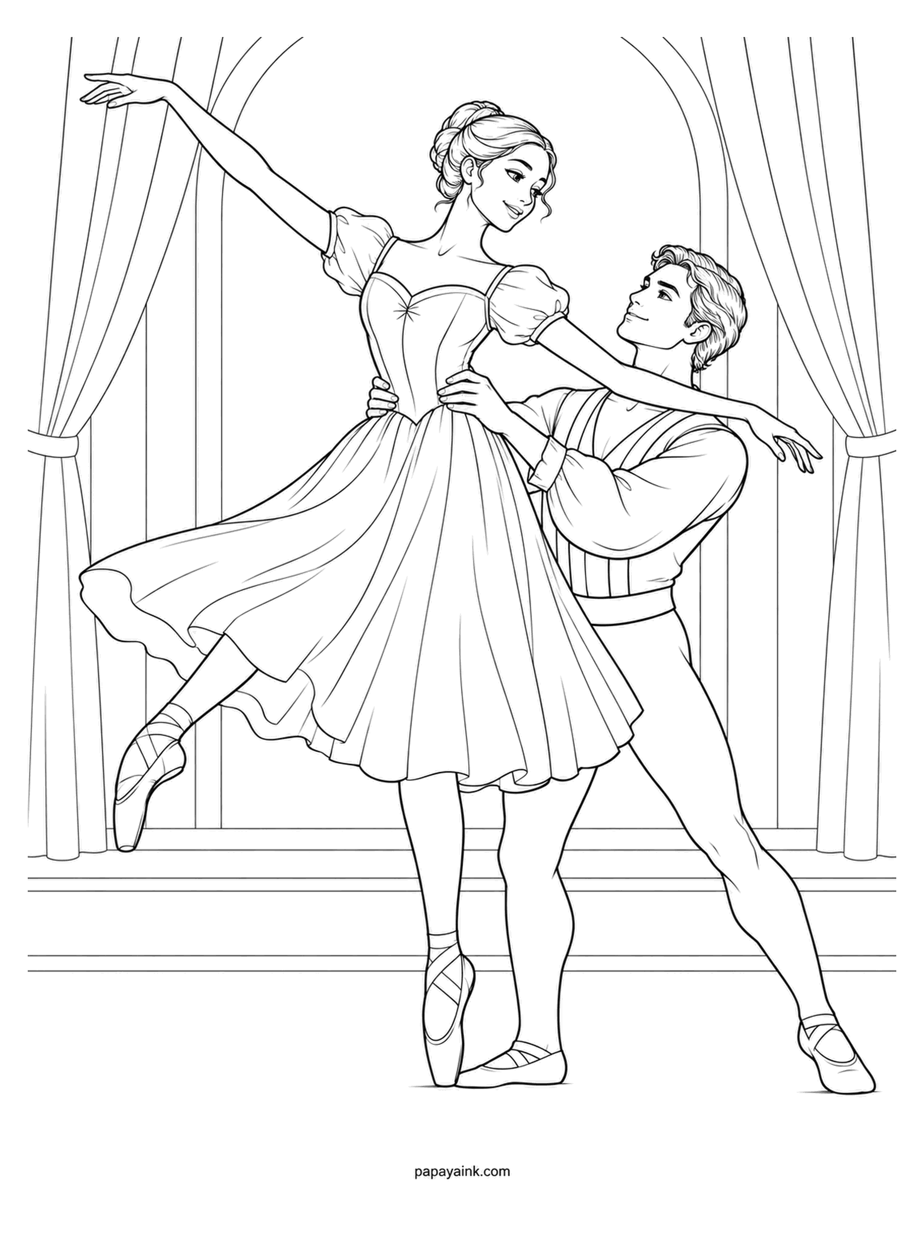 Ballerina Coloring Pages - The landing after the lift: she touches down on a single pointe with the other knee curled behind in attitude, and he keeps close, just in case. Shade the folds of the long skirt from dark to light.