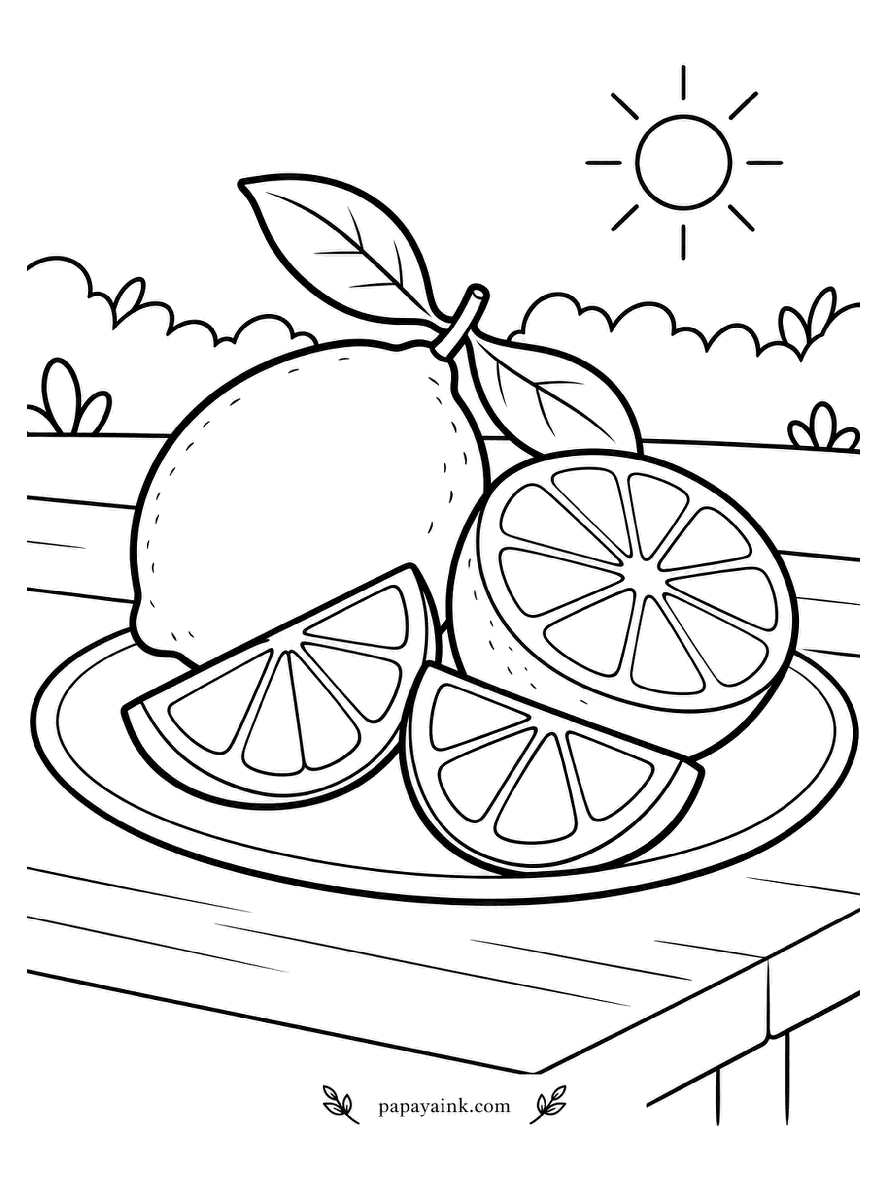 Fruit Coloring Pages - Those tiny dots all over the whole lime are rind texture, not freckles - a stippled lime on a plate under a cartoon sun, hedge at the back, wedges in front. Go lighter on the sunny side of the fruit and it will sit on the plate instead of floating.