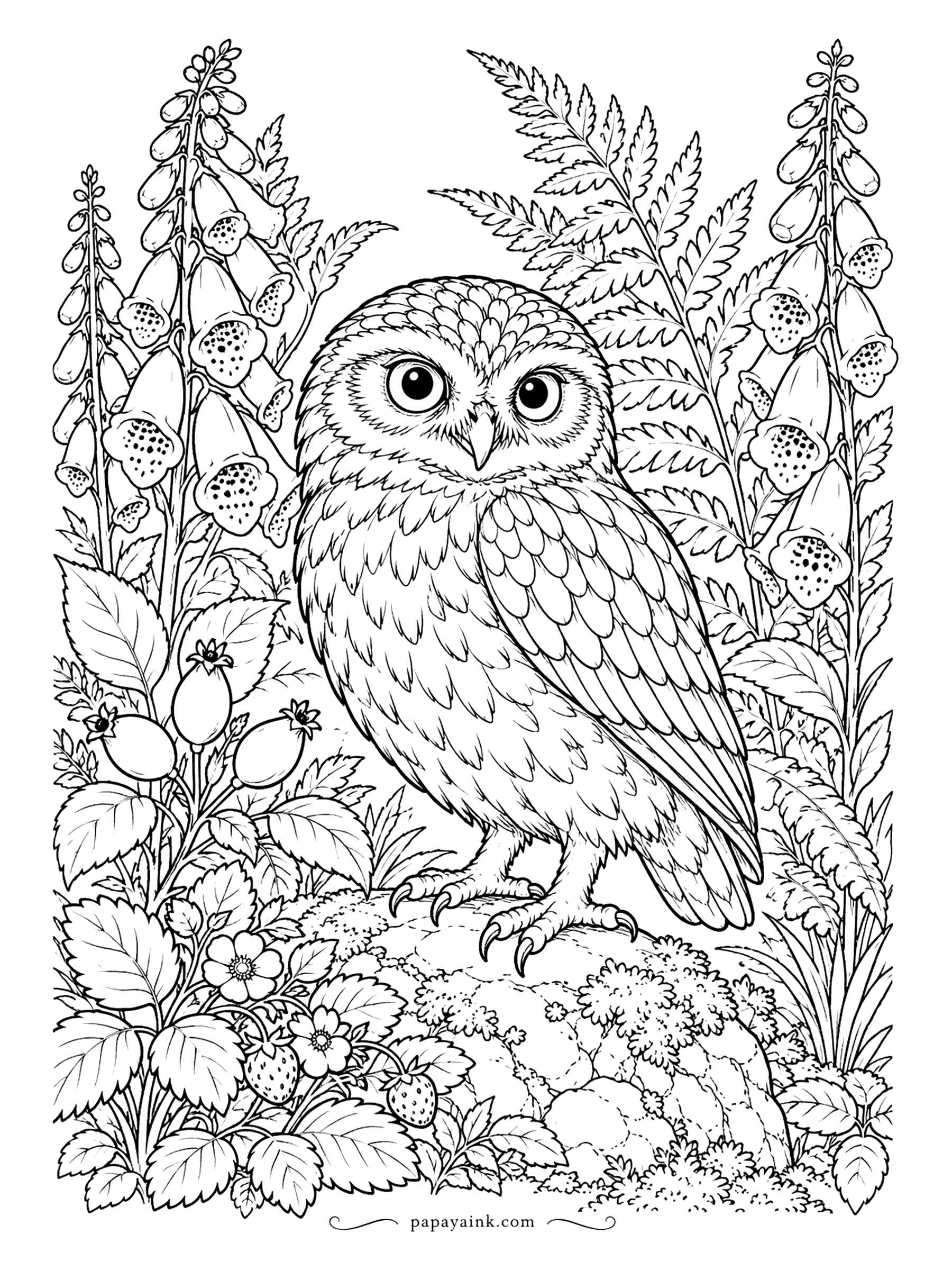 Owl Coloring Pages - Little owl is the species name, not just a size. This one stands on a mossy rock in a tangle of foxgloves, ferns and wild strawberries, with dozens of speckled bells on the foxglove spikes. Detailed - sharp pencils here.