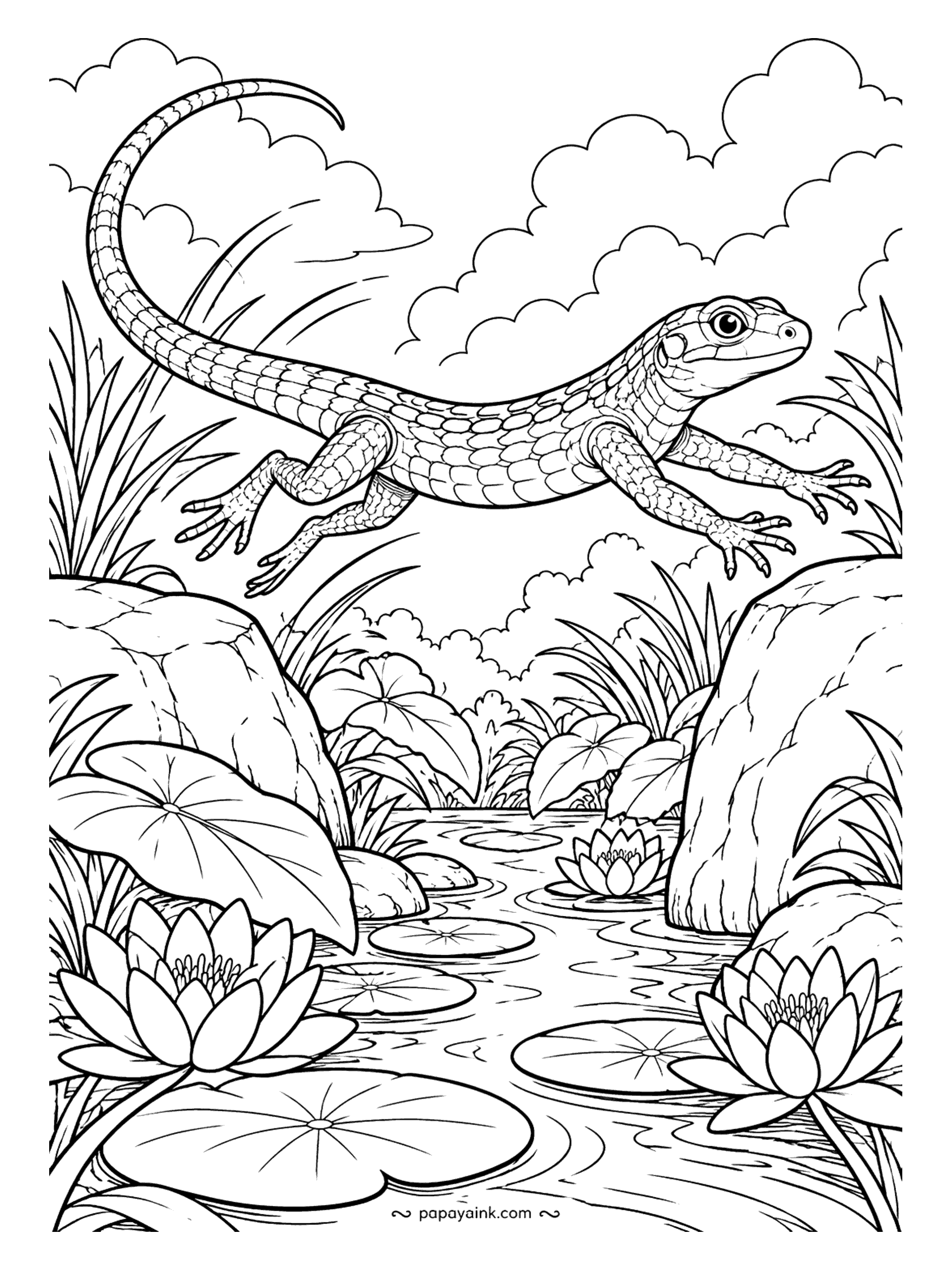 Lizard Coloring Pages - Mid-leap from one rock to the next, tail streaming behind, all four feet off the ground and the lily pond waiting below. Motion lines are already drawn; a bright lizard against pale water makes the jump read faster.