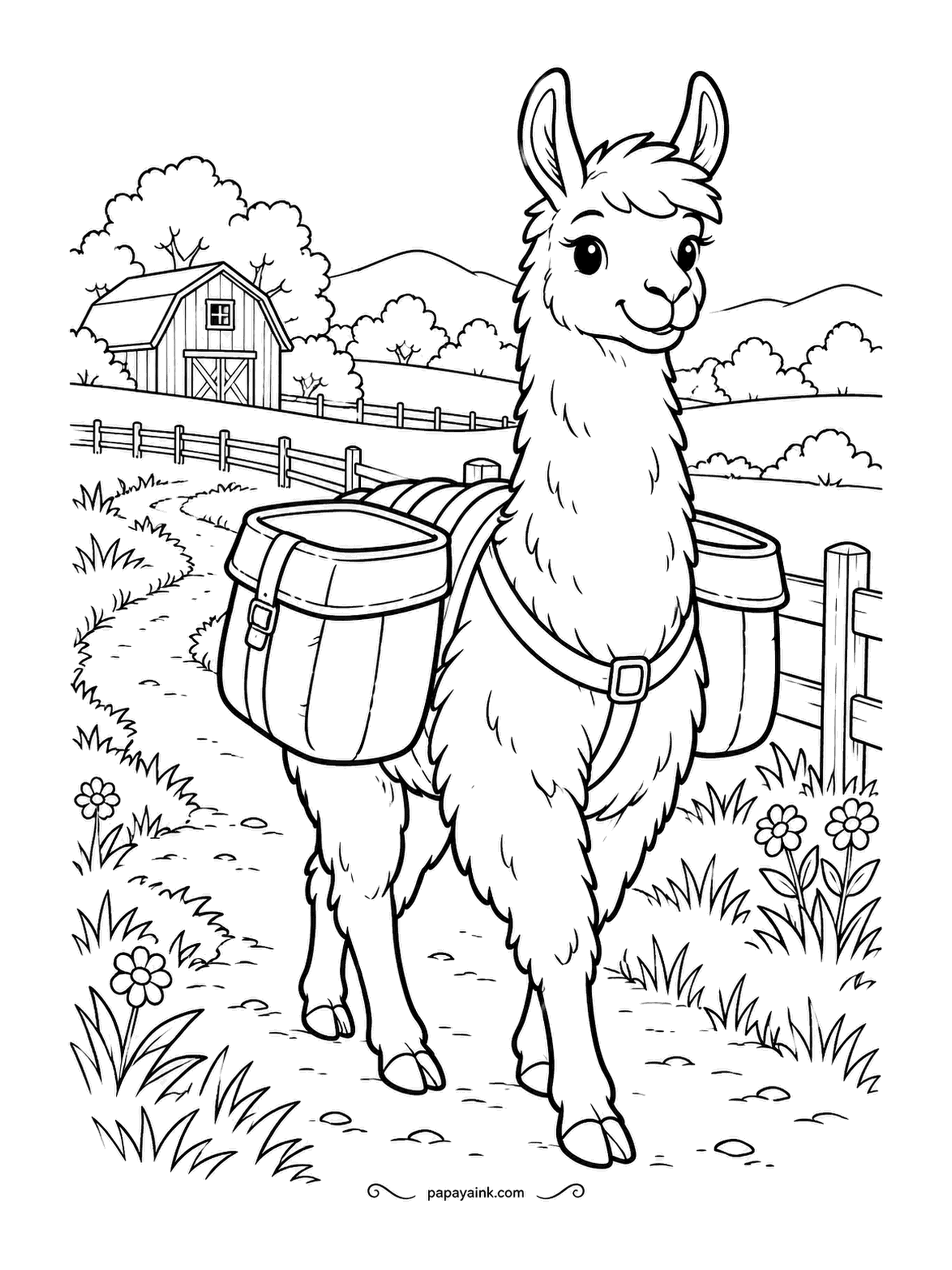 Farm Coloring Pages - Llama on a pasture path wearing a pack saddle with two empty panniers, hills and a barn in the far distance. The load is coming later; the llama is in no hurry. Thick wool in cream or brown, leather straps in a darker tone.