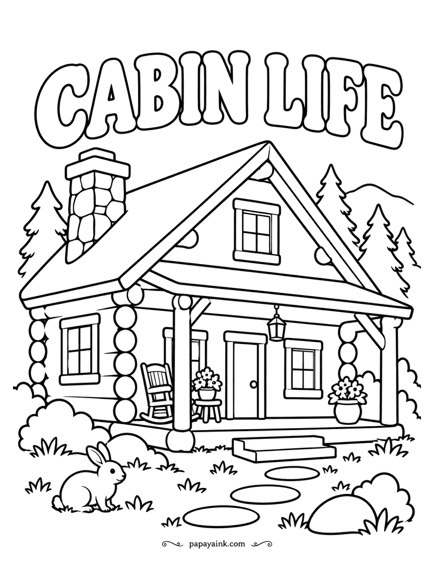 House Coloring Pages - CABIN LIFE in a log cabin with a stone chimney, a rocker on the porch, pines all around and a rabbit on the grass. Logs come out best with two browns - one for the log, a darker one for the gap between.