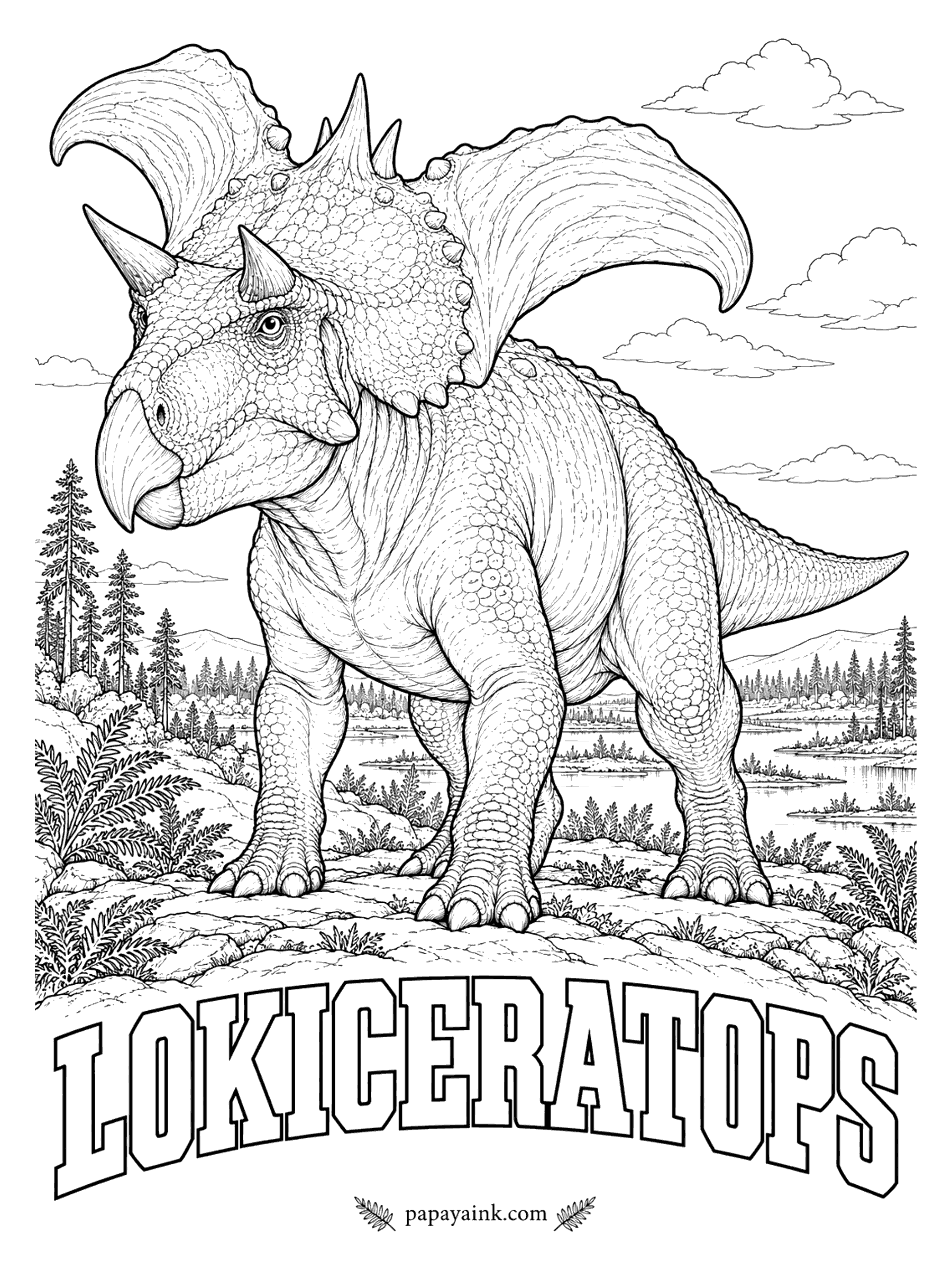 Free Printable Dinosaur Coloring Pages - Loki, the Norse trickster god, lent his name in 2024 to the owner of two huge curved blades - the largest frill horns known on any horned dinosaur. Lokiceratops (LOW-kee-SAIR-uh-tops, Loki's horned face) had no nose horn at all. A plant-eater about 22 feet long. Montana, about 78 million years ago.