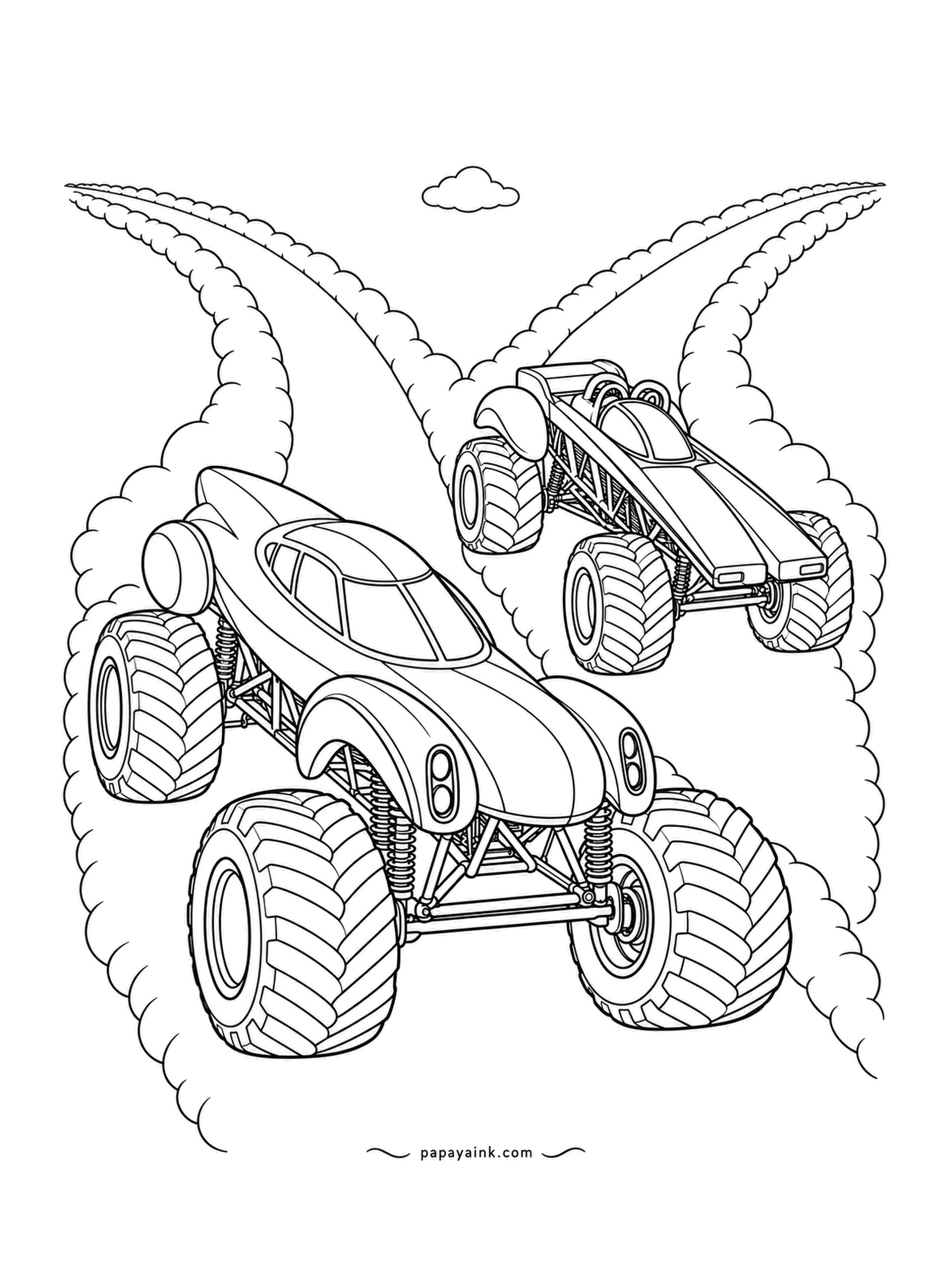 Monster Truck Coloring Pages - Vapor trails forking across a blank sky: the long-roof custom in front, a boxy rival on its tail, both banking hard. Puffy edges run the entire height. Soft greys for the trails, loud bodies, nothing else needed.