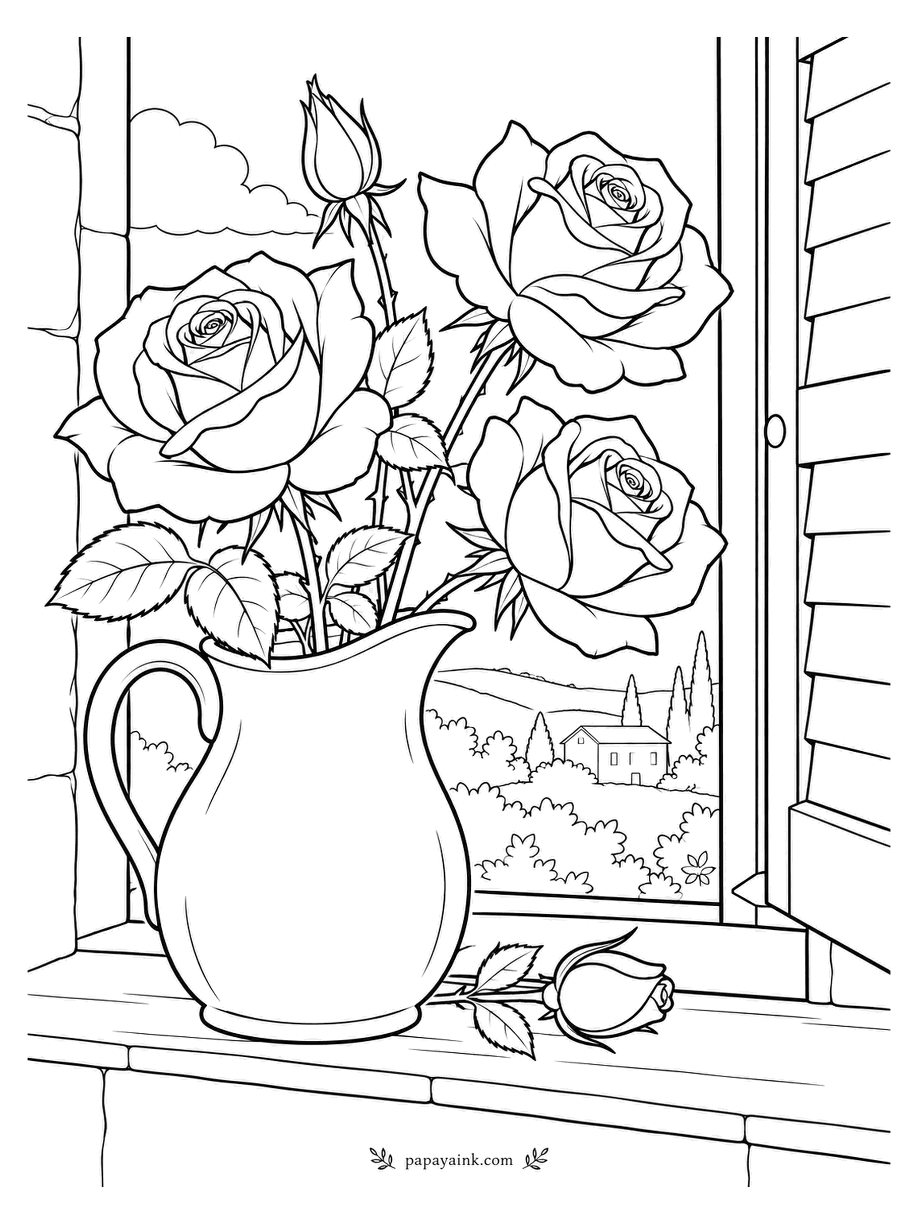Rose Coloring Pages - Long stems call for a tall pitcher, and this one stands on a windowsill with a shutter folded back on a farmhouse view. One bud was left lying on the sill - maybe it did not fit. Simple pitcher, busy window: color the view softly.
