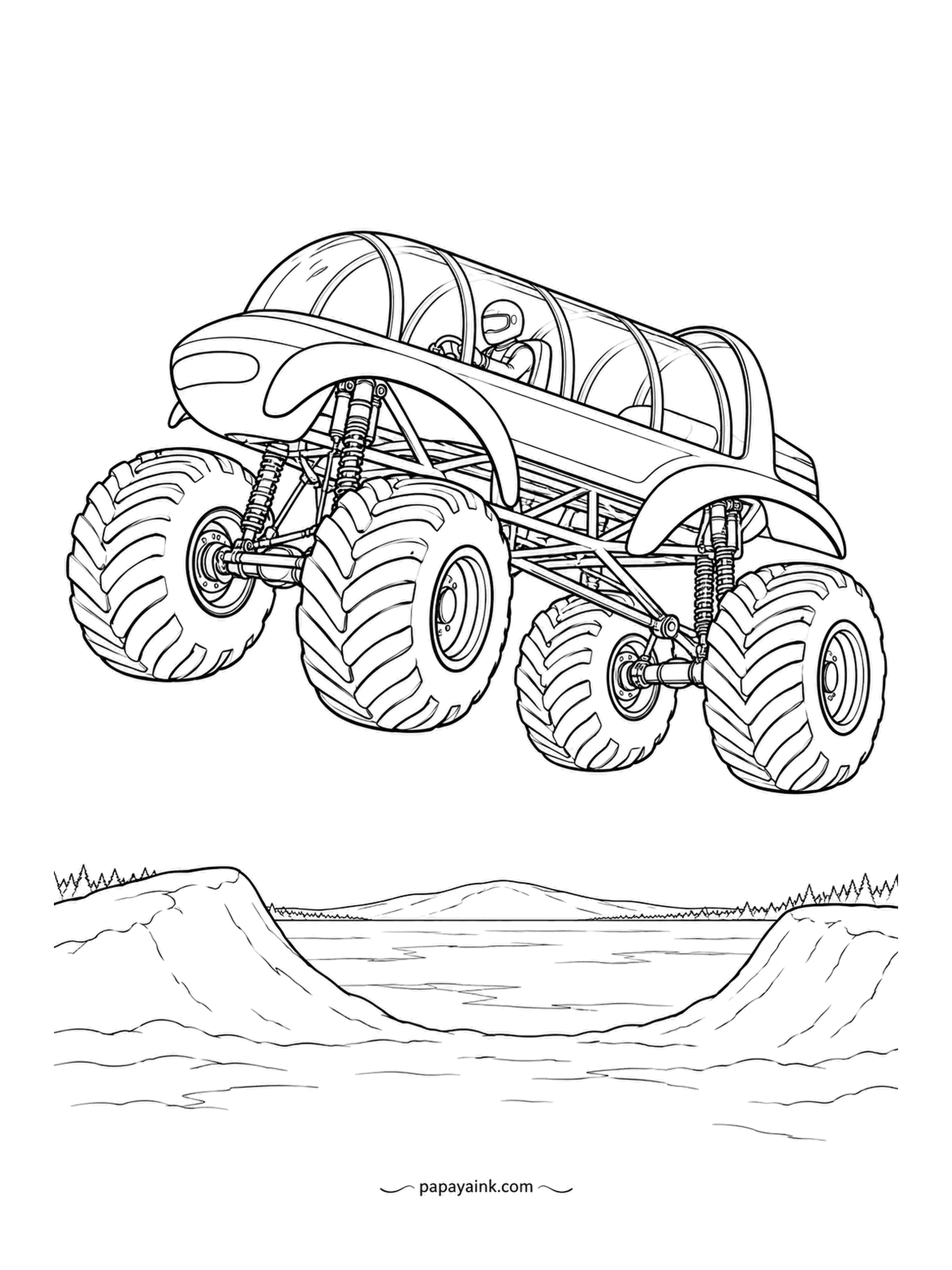 Monster Truck Coloring Pages - Hopping a snowbank with a long glass vault for a canopy, all four tires clear of the ground. A frozen lake and a line of pines sit well below. Keep the snow white; a cold blue sky makes the jump read.