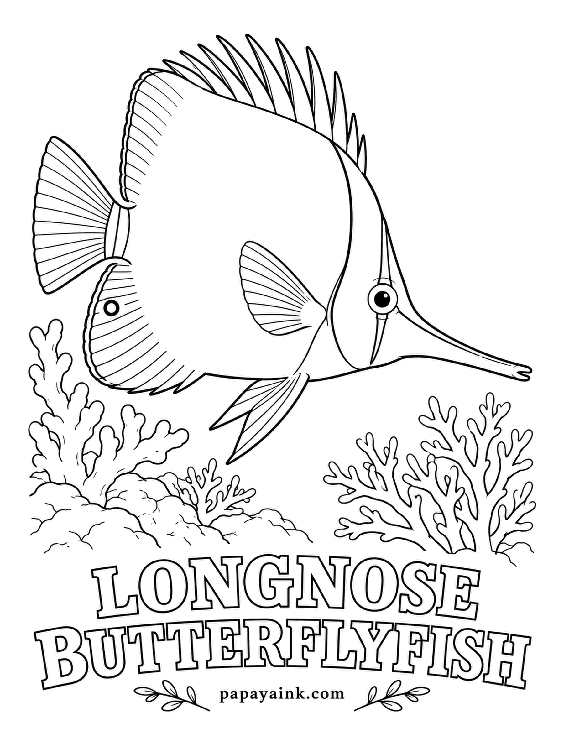 Ocean Fish Coloring Pages - In Hawaii it goes by a name nearly as long as its snout: lauwiliwilinukunukuoioi. That snout reaches deep into coral cracks for tiny prey. Bright yellow, with a black upper face, white chin, a dark eyespot near the tail.