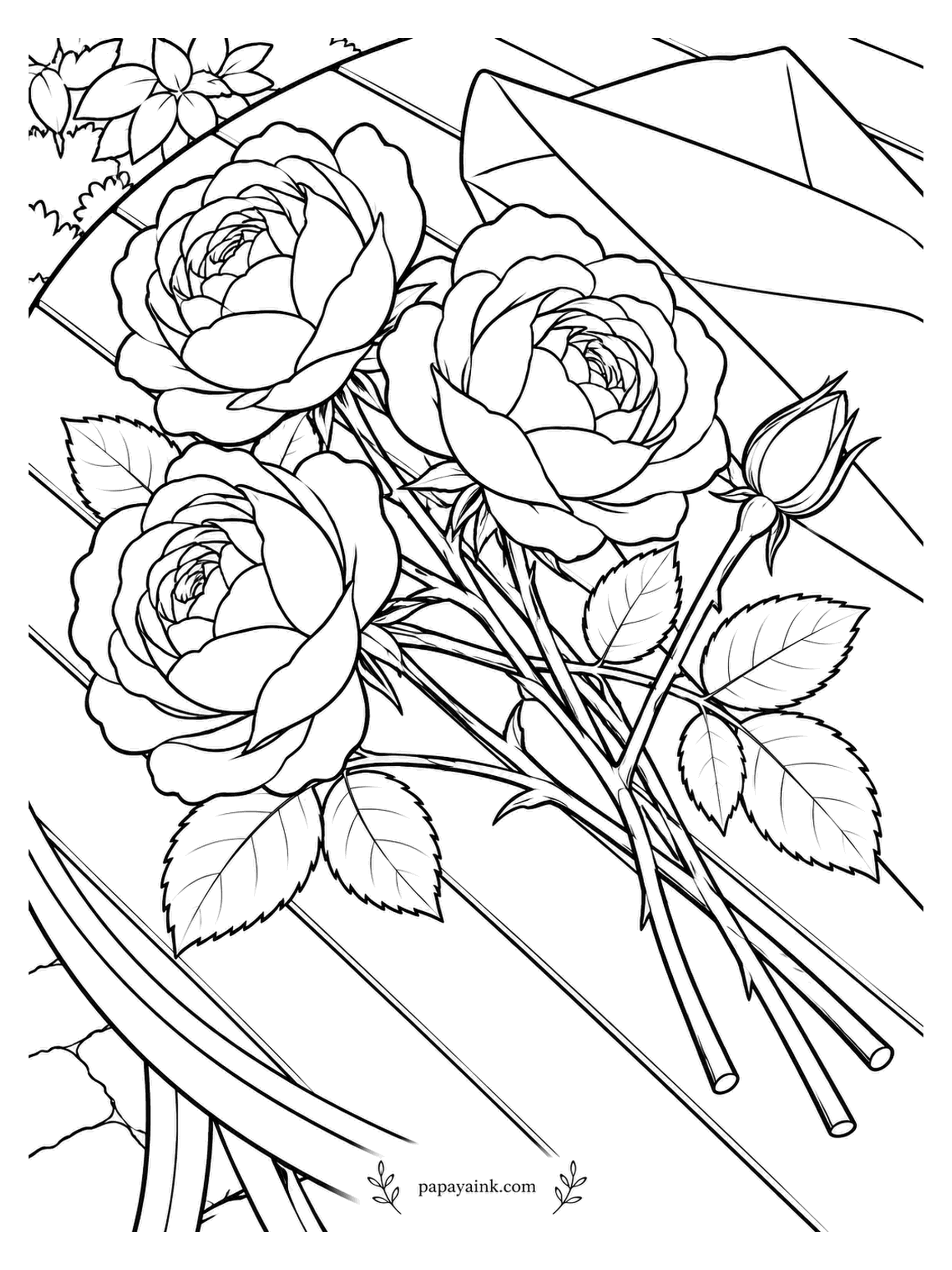 Rose Coloring Pages - Three blooms and a bud, just out of their paper, rest on the slats of a round patio table. The wrapping lies folded behind them. Simple shapes and slanting stems make a calm sheet for an evening.