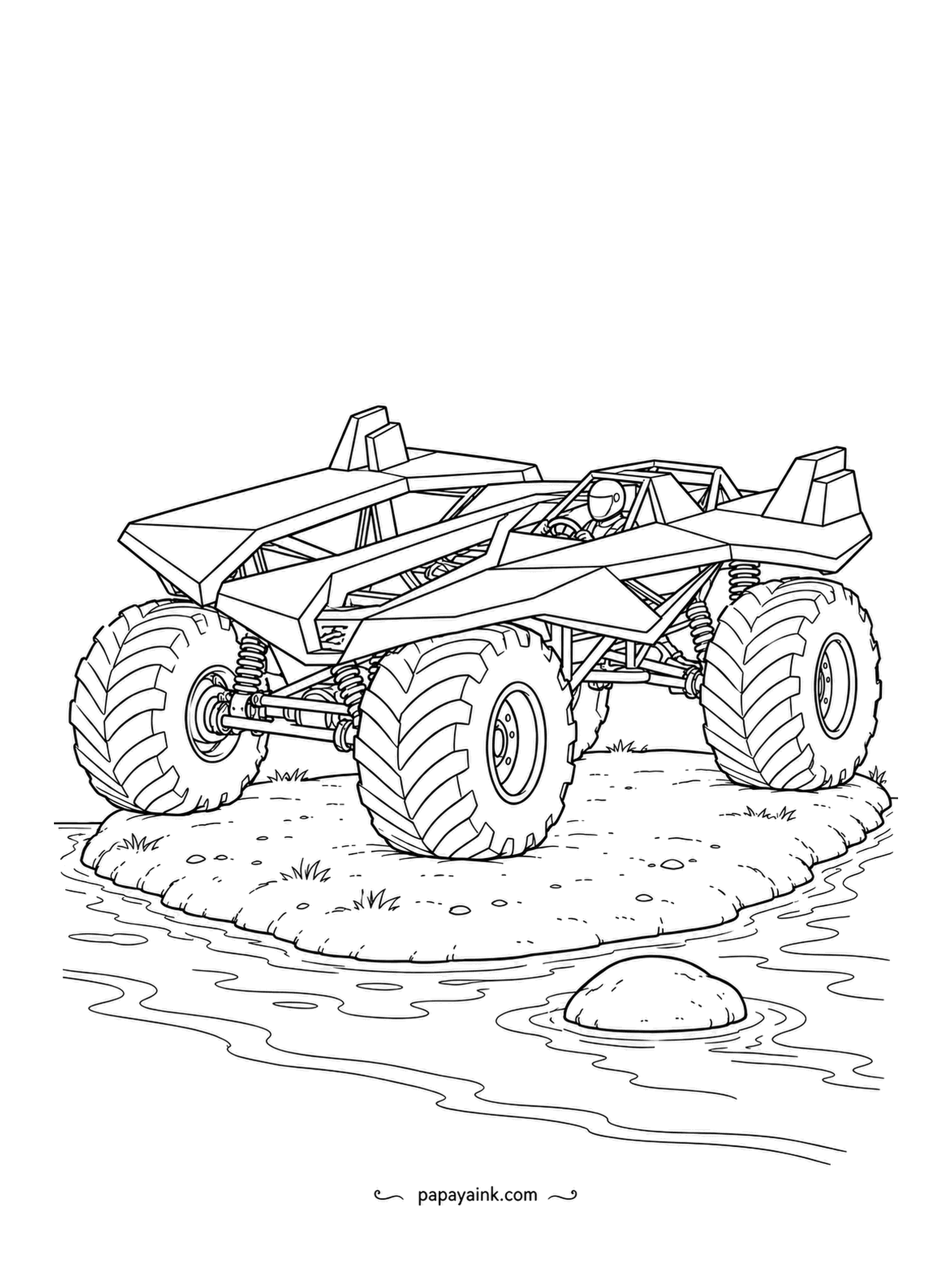 Monster Truck Coloring Pages - Stopped on a grassy island in a stream, the angular bastion racer sits with its helmeted driver and open frame. Water swirls around a lone rock. Few lines - a fast page.