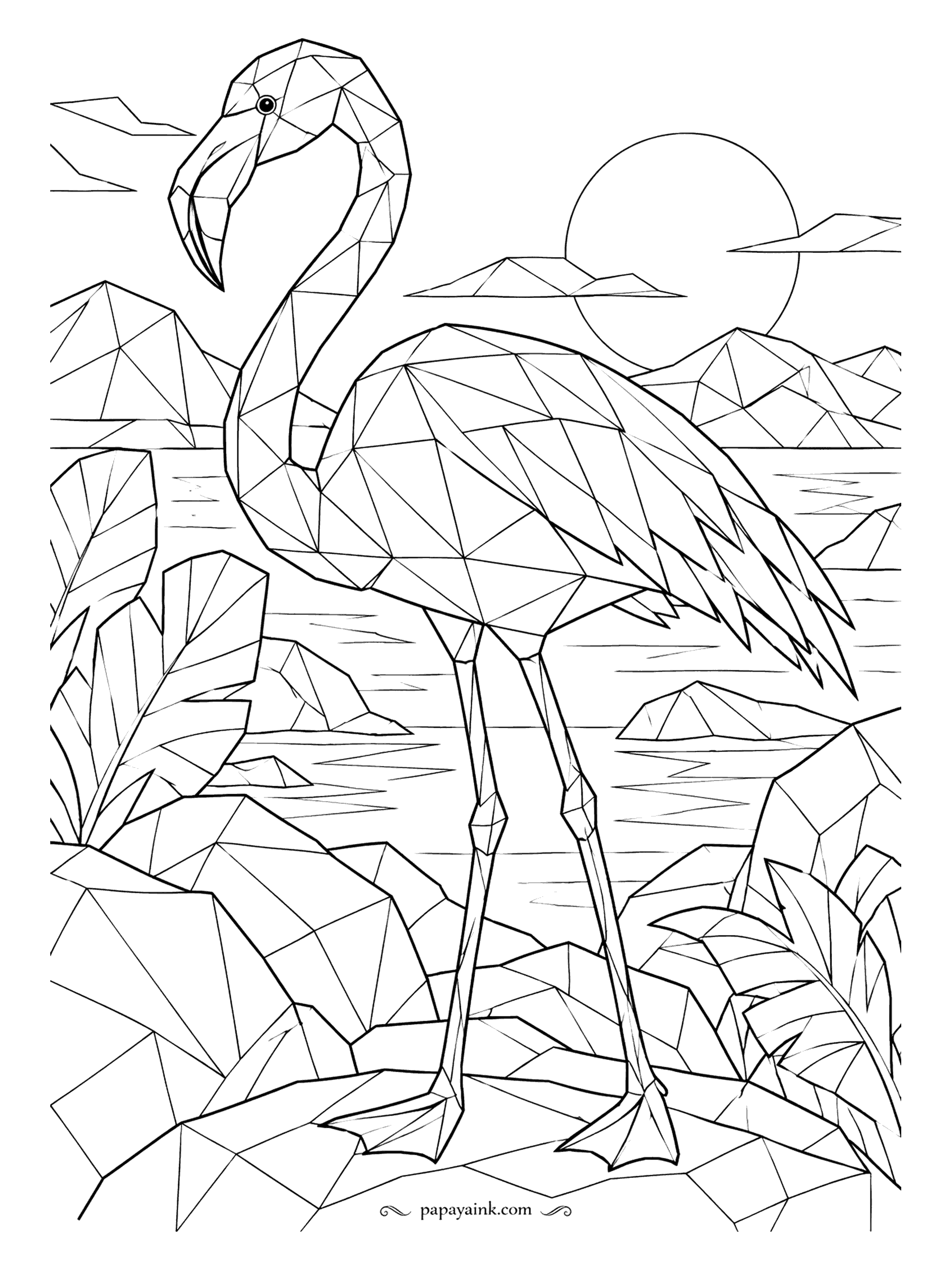 Flamingo Coloring Pages - Every surface is broken into triangles, bird and lake and mountains alike. The trick is to shade each facet one even tone, slightly lighter where it faces the setting sun, and the shape will turn three-dimensional on its own.
