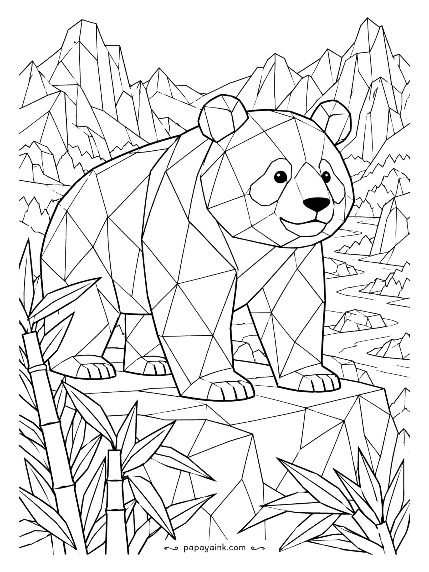 Panda Coloring Pages - Every surface broken into triangles, from the mountains down to the panda on its rock. Shade neighboring facets a step lighter or darker and the drawing lifts right off the page.