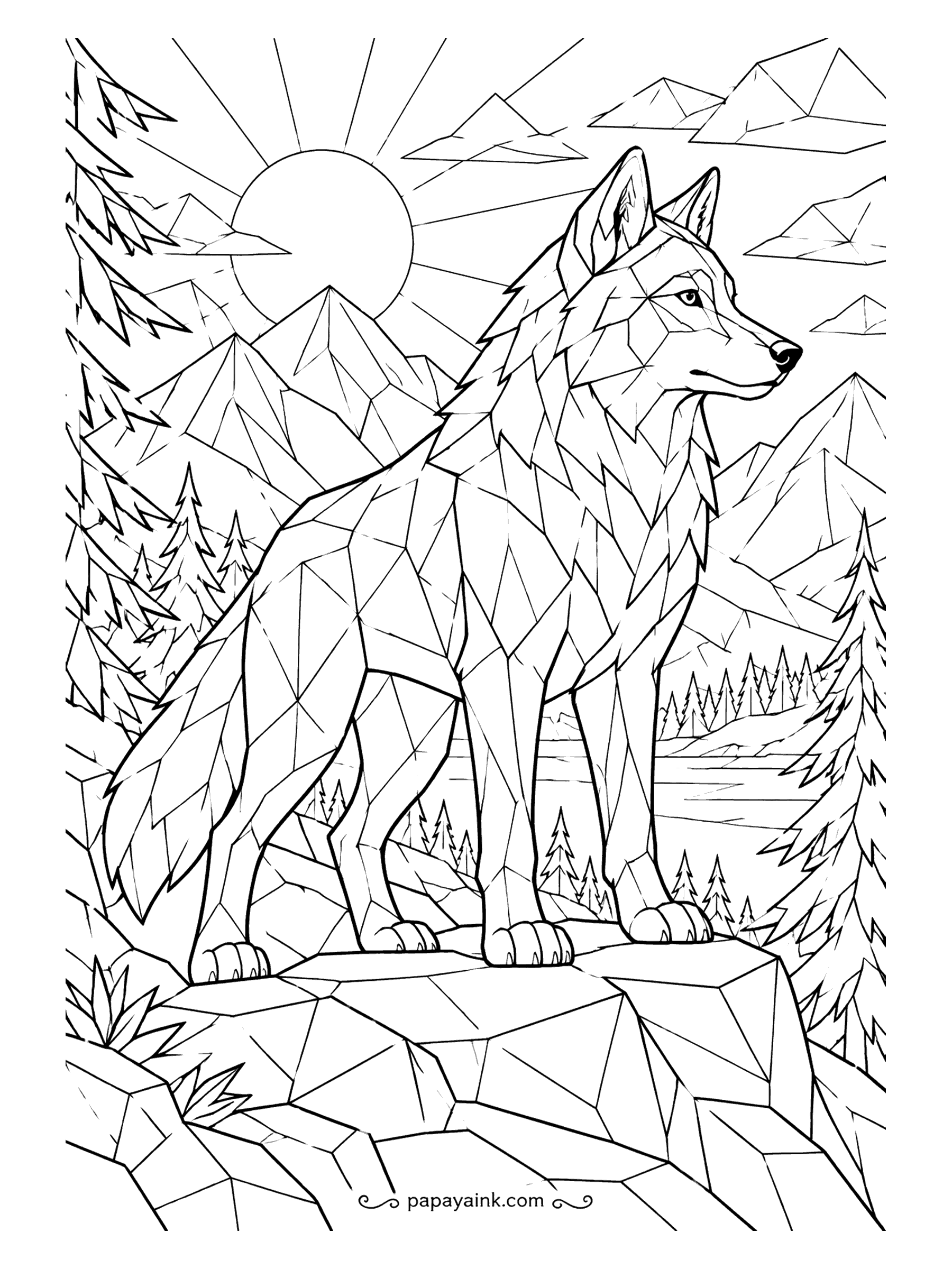 Wolf Coloring Pages - Low-poly wolf built from triangular facets on a faceted crag, the mountains and sun broken into the same geometry. Two tones per facet group, light and shadow, and it reads as 3D at once.