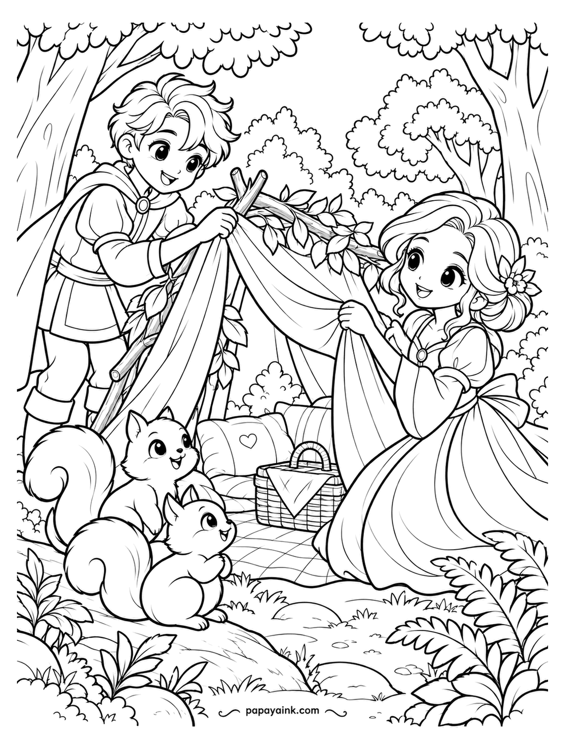 Kawaii Princess Coloring Pages - Forest picnic, with a roof. The prince ties the cloth to a leafy branch, the princess pulls the far side taut, and two squirrels have arrived early for whatever is in the basket. Greens and browns, with the cloth as the one bright thing.