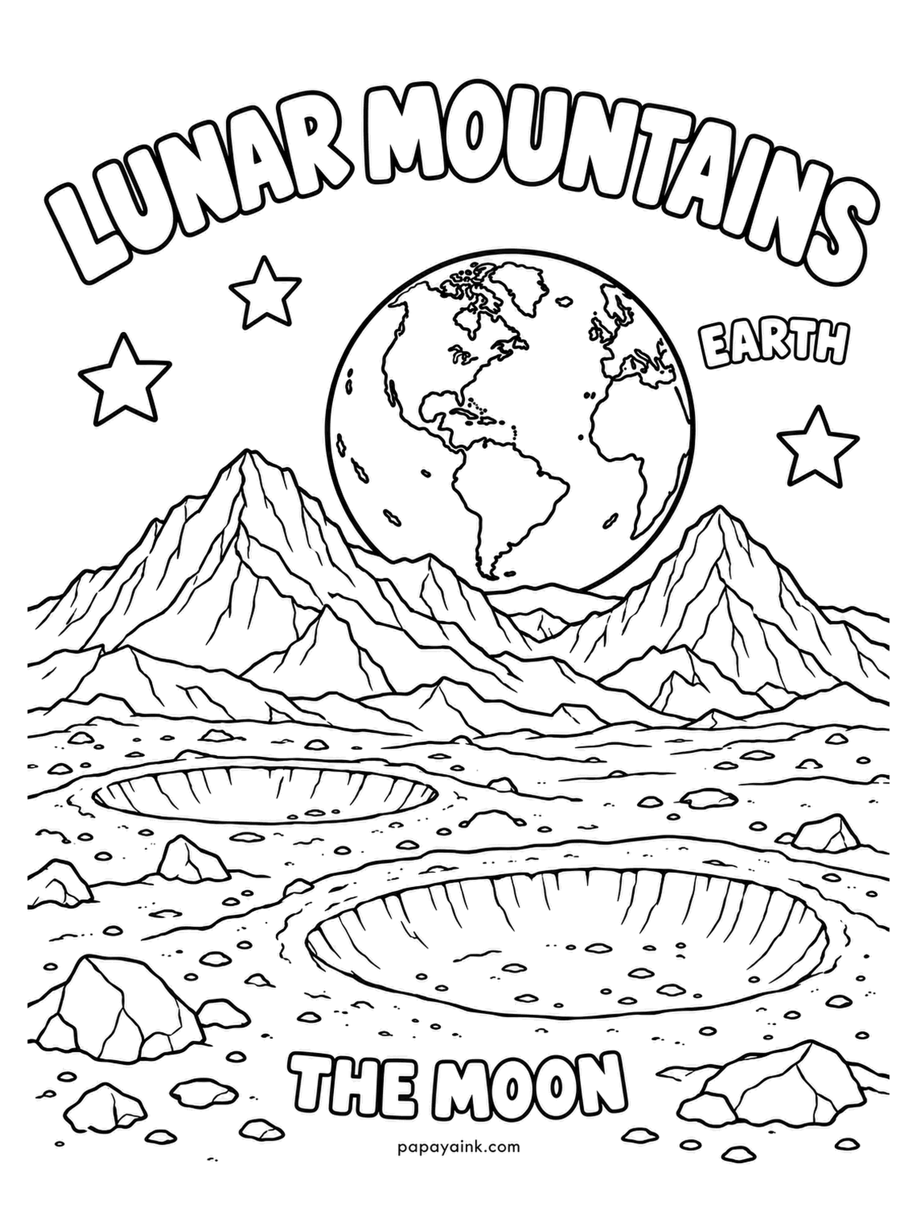 Earth Coloring Pages - Standing on the moon, you would see Earth hanging in a black sky above cratered plains and mountains. Lunar peaks rise higher than most on Earth, with no air to wear them down. Gray everywhere except the planet - make that the only color.