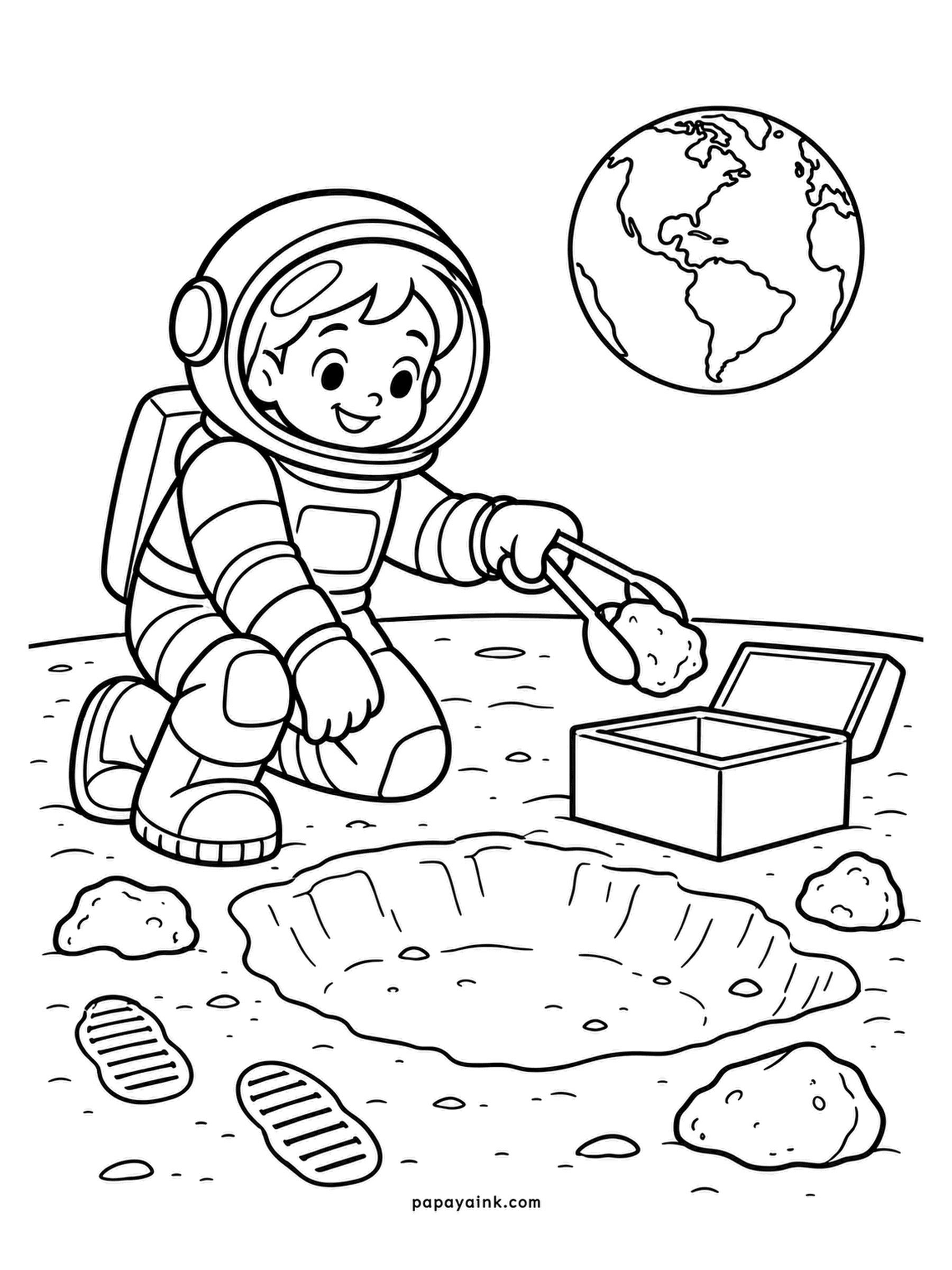 Planet Coloring Pages - Lunar sample time: an astronaut kneels by a crater, tongs in hand, dropping a rock into the collection box while Earth hangs overhead. Gray ground, white suit, and let Earth be the only bright object in the sky.