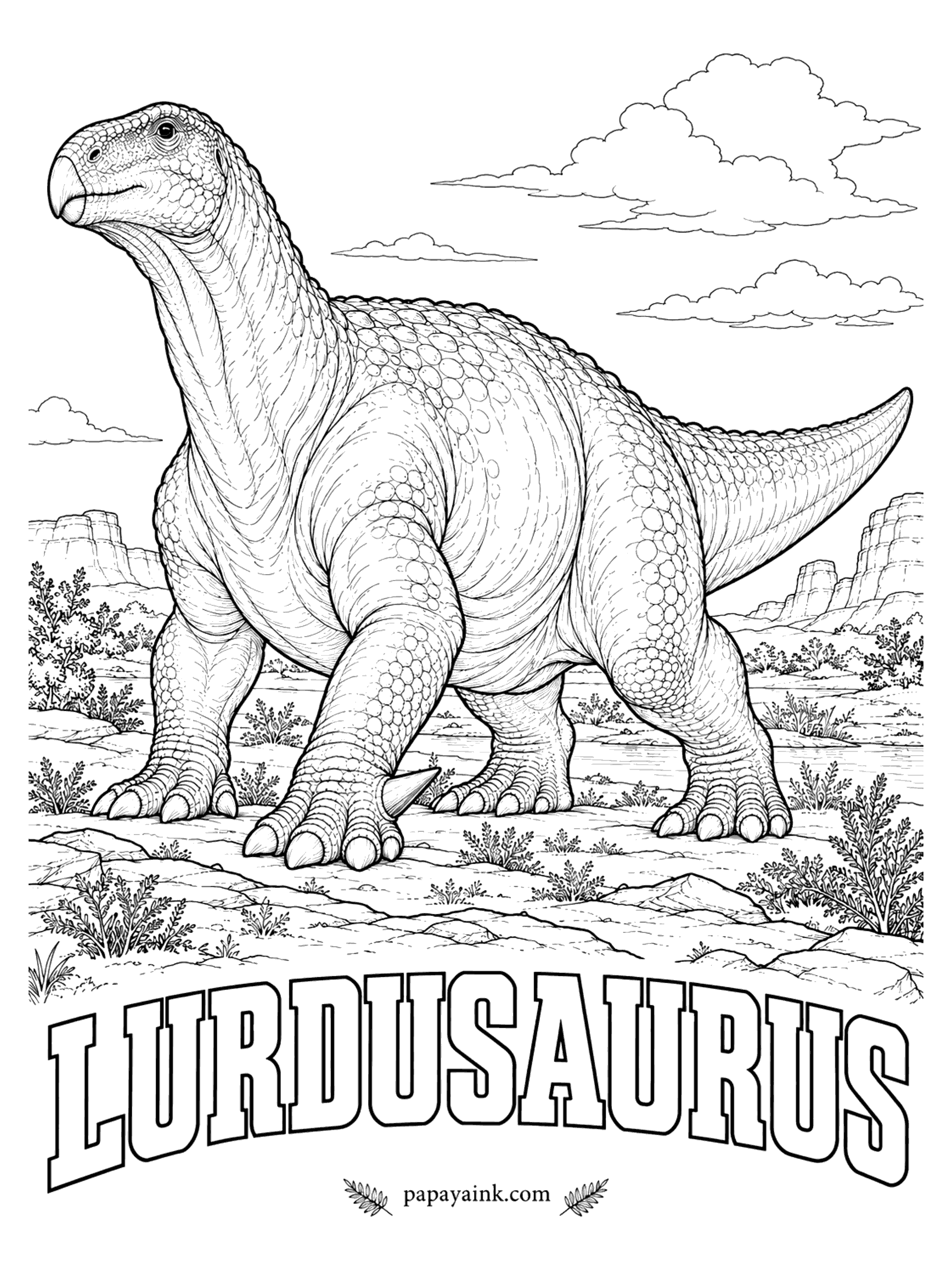 Free Printable Dinosaur Coloring Pages - Low and wide like a hippo, with a barrel body and short legs. Lurdusaurus (LOOR-doo-SORE-us, heavy lizard) was a relative of Iguanodon with a huge thumb spike, and it may have spent much of its time in water. A plant-eater up to about 30 feet long. Niger, about 112 million years ago.