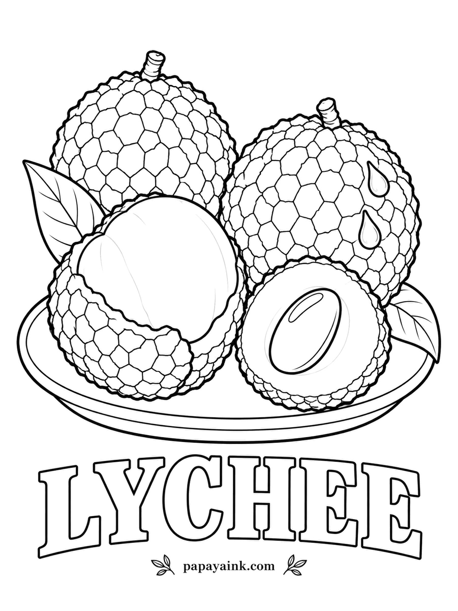 Printable Fruit Coloring Pages - Lychees with their knobbly red shells, one peeled to the translucent white fruit and one halved around the dark seed. Rose-red to pink for the shell, and the flesh barely needs color at all.
