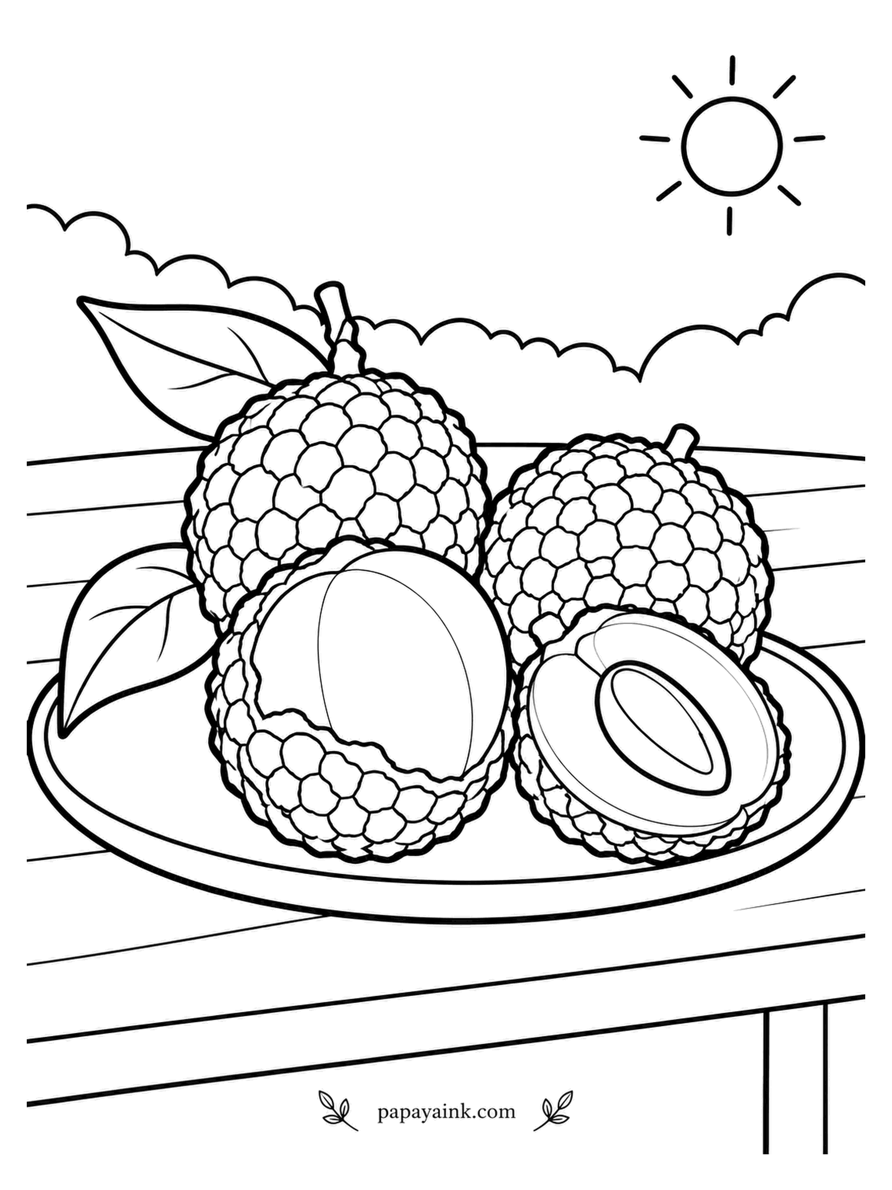 Fruit Coloring Pages - Lychees under a patio sun, three in their bumpy shells, one half peeled to show the pale fruit and one halved to show the seed. Rough red-pink skin, translucent white flesh, a glossy dark brown seed in the middle. Detailed.