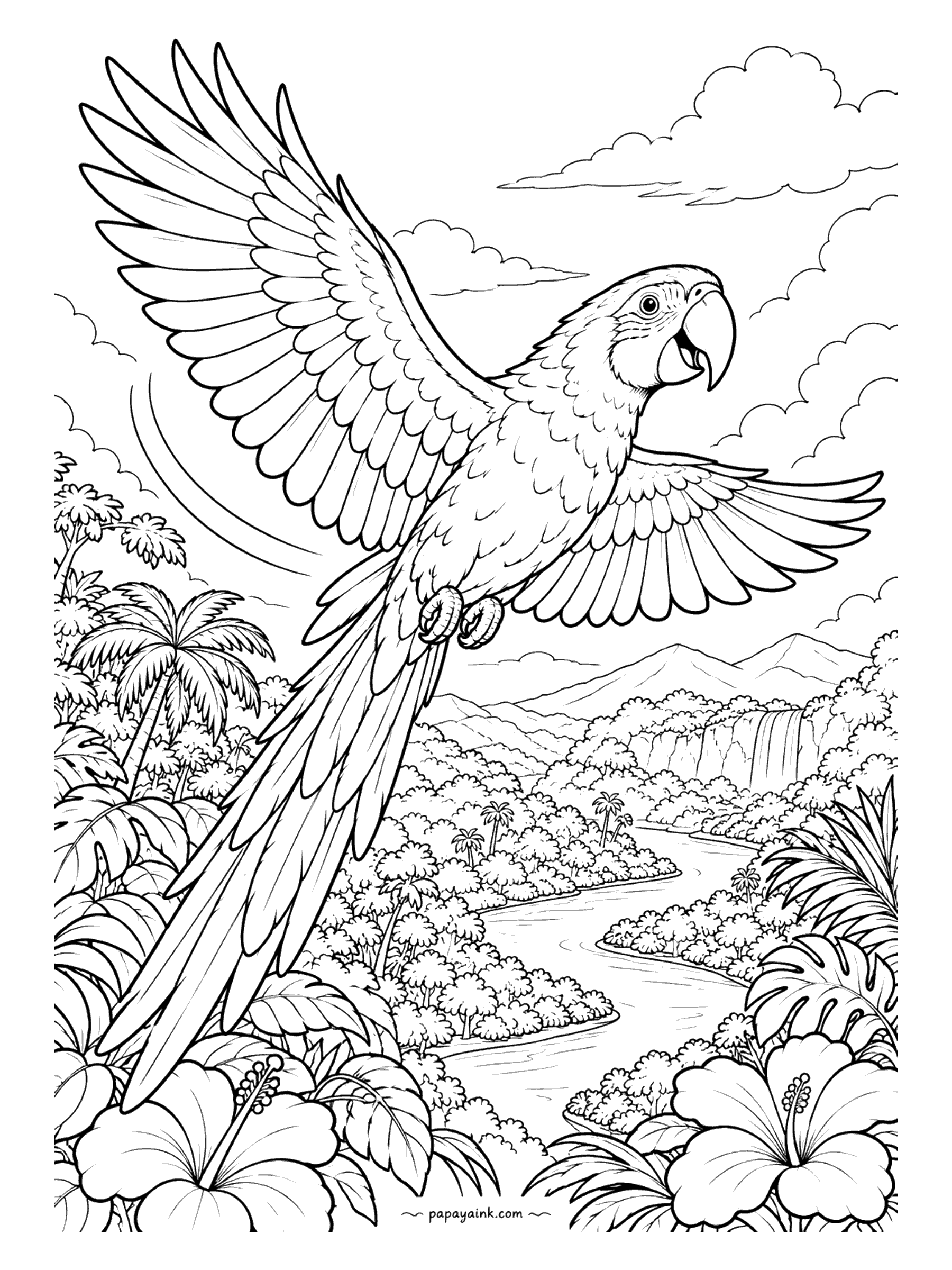 Parrot Coloring Pages - Wings spread and tail streaming, a macaw crosses the sky above a jungle river, with palms, waterfalls and hibiscus below. Shade the underside of the wings a little darker than the top.