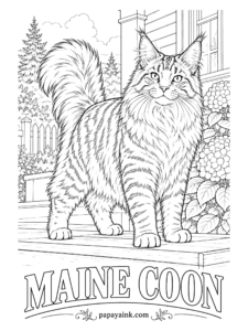 Free Printable Cat Coloring Pages - The largest of the domestic breeds, and this Maine Coon stands on the porch like it owns the street. Brown tabby is the classic coat: warm brown with black stripes, black-tipped ear tufts and a ringed tail. Silver and red tabbies exist too. Detailed fur.