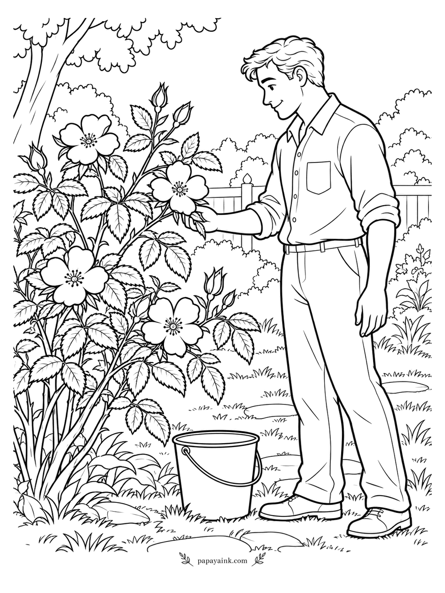 Rose Coloring Pages - Checking a shrub rose bloom by bloom is slow work, and the bucket at his feet says he plans to stay a while. The flowers are the simple five-petal kind found on hardy shrub roses. Detailed - plenty of serrated leaves.