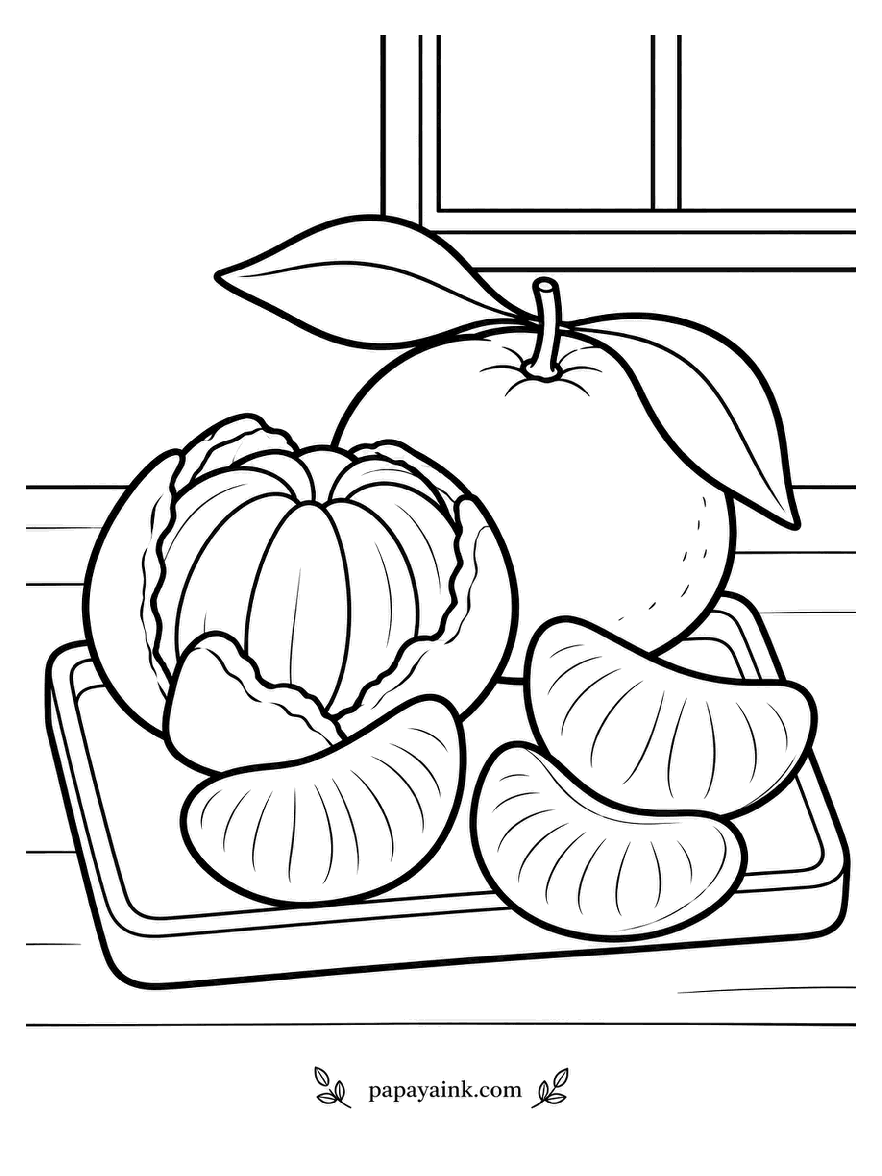 Fruit Coloring Pages - Peeled in one piece and still sitting in its open skin, the mandarin shares a board with two loose segments and an uncut fruit with a leaf. Mandarins come apart this easily on purpose. Color the inside of the peel paler than the outside.