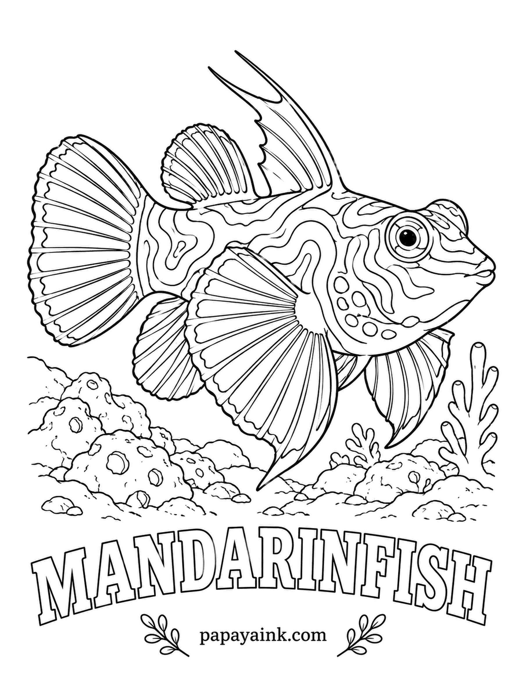 Ocean Fish Coloring Pages - Mandarinfish come out at dusk, and pairs rise together off the reef to spawn in a brief, slow dance. No scales, just a coat of bitter slime. Swirls of electric blue and orange, with green along the fin edges. Detailed.