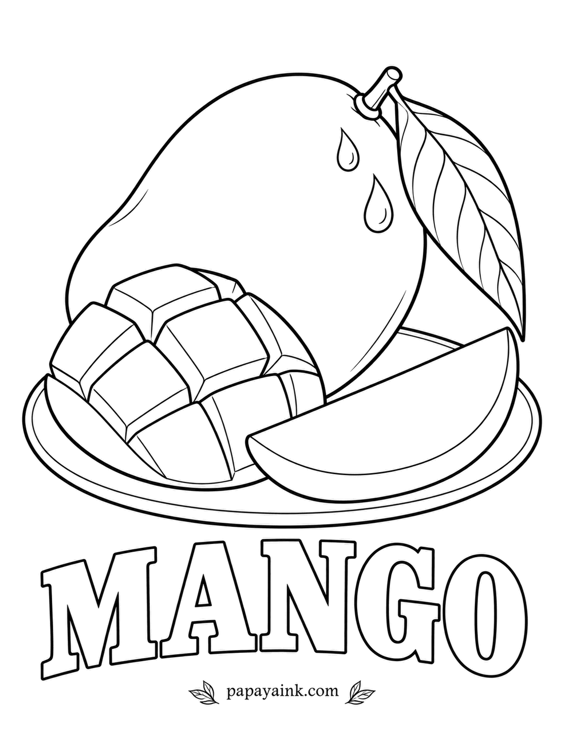 Printable Fruit Coloring Pages - Mango with a cheek cut off and scored into a hedgehog of cubes. The peel blends green, yellow and red on one fruit, and the flesh is a strong golden orange - the cubes are the fun part.