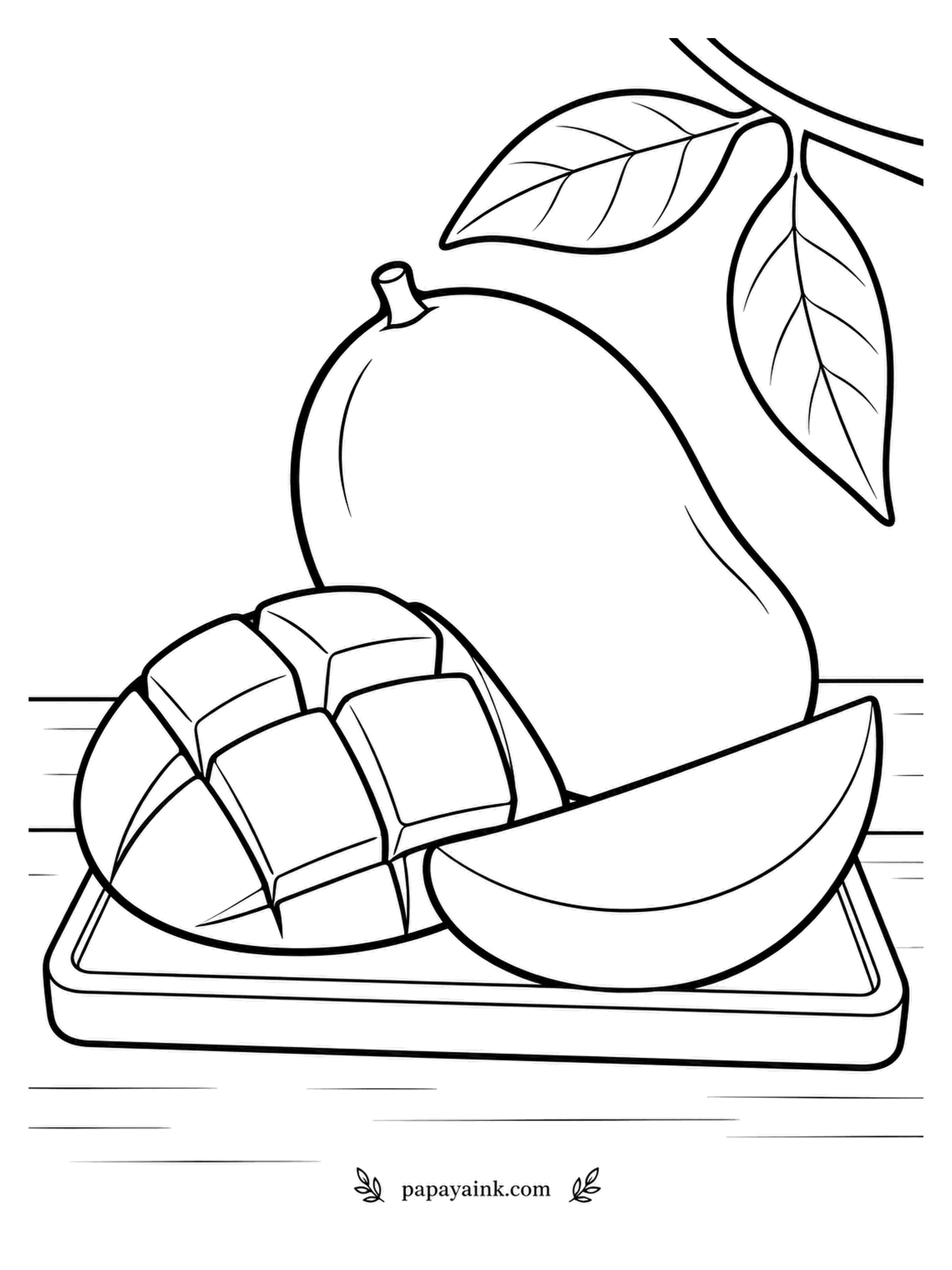 Fruit Coloring Pages - Branch overhead, a whole mango, a half scored into cubes and a wedge on the board. Mangoes are cousins of cashews and pistachios, a fact that explains nothing about the taste but is fun to know. Green to gold to red on the skin, deep orange inside.