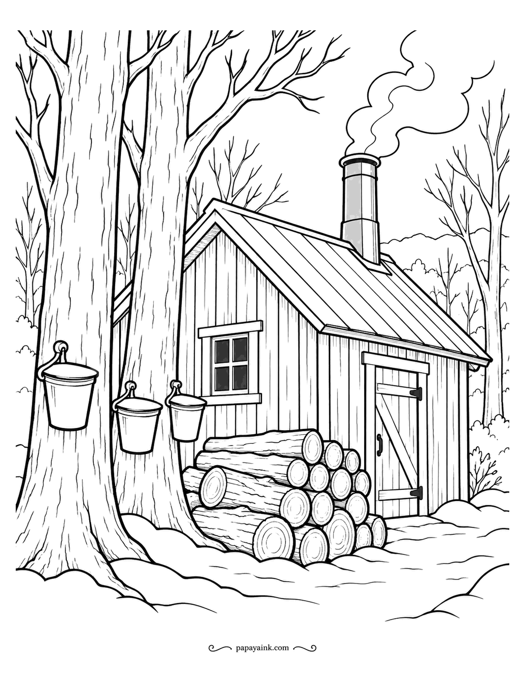 Farm Coloring Pages - Maple sugar shack in late winter, smoke pouring from the stack while sap buckets hang on the trunks and a woodpile waits by the door. Bare trees, no leaves to color - only bark and smoke. A cold blue sky makes the chimney stand out.