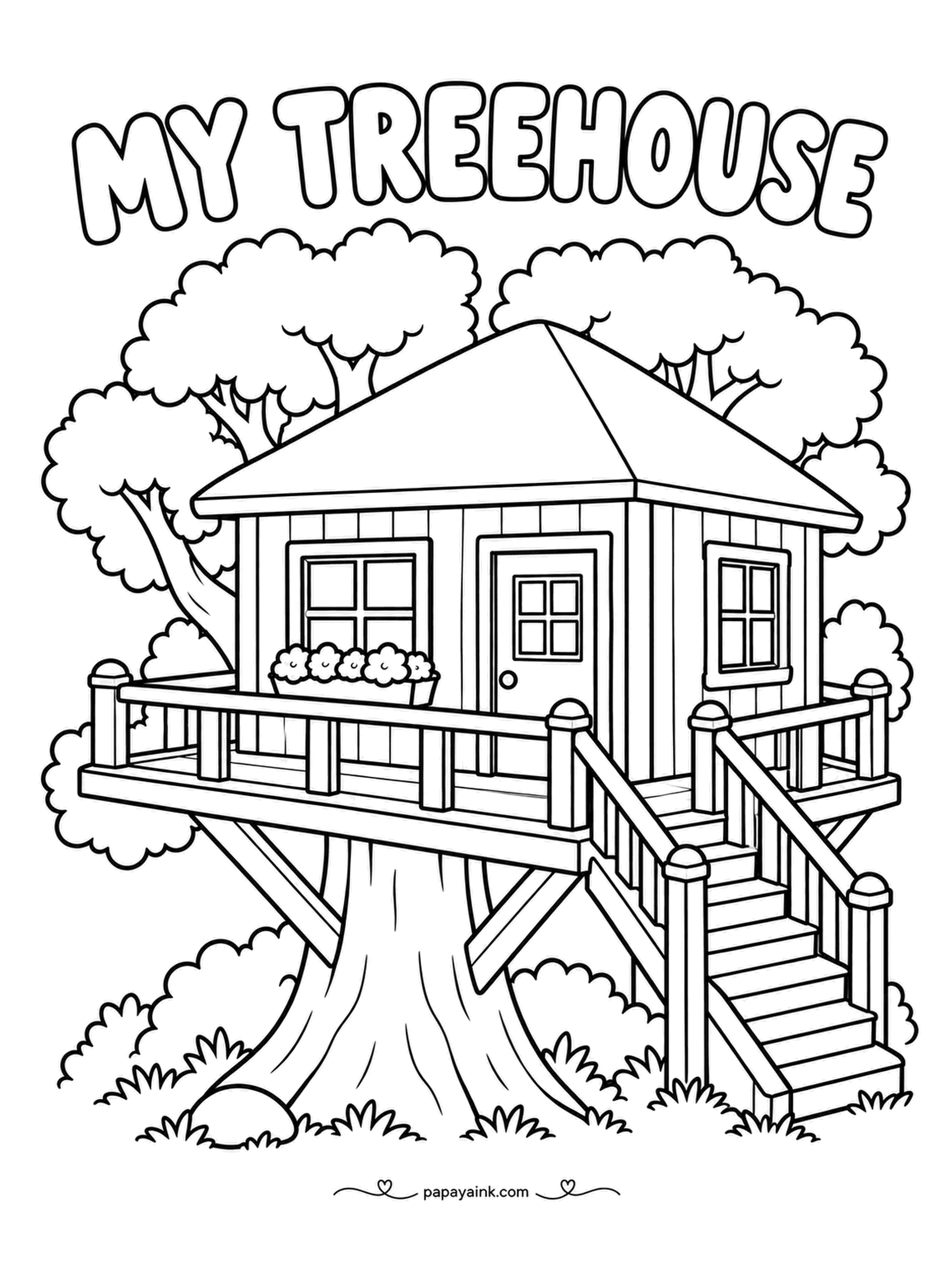House Coloring Pages - MY TREEHOUSE: a snug cabin with a hip roof set in a maple, a railed deck, a flower box under the window and a staircase down the trunk. Board walls in brown, the leaves in whatever season you like.