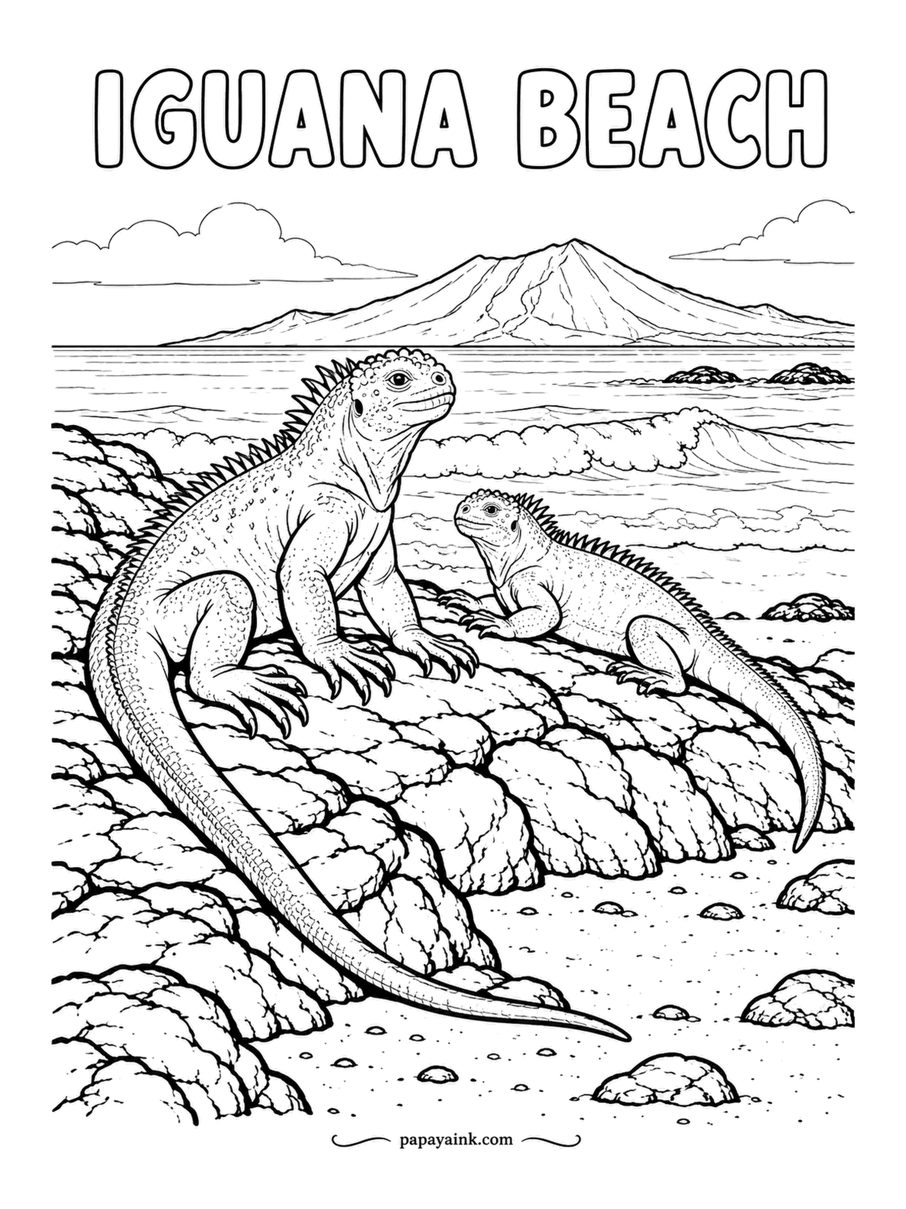 Beach Coloring Pages - Iguana Beach: two marine iguanas on black lava rock with surf and a volcano beyond, the one Galapagos lizard that swims. They are mostly charcoal; a hint of red and green on the larger one is true to the breeding season.