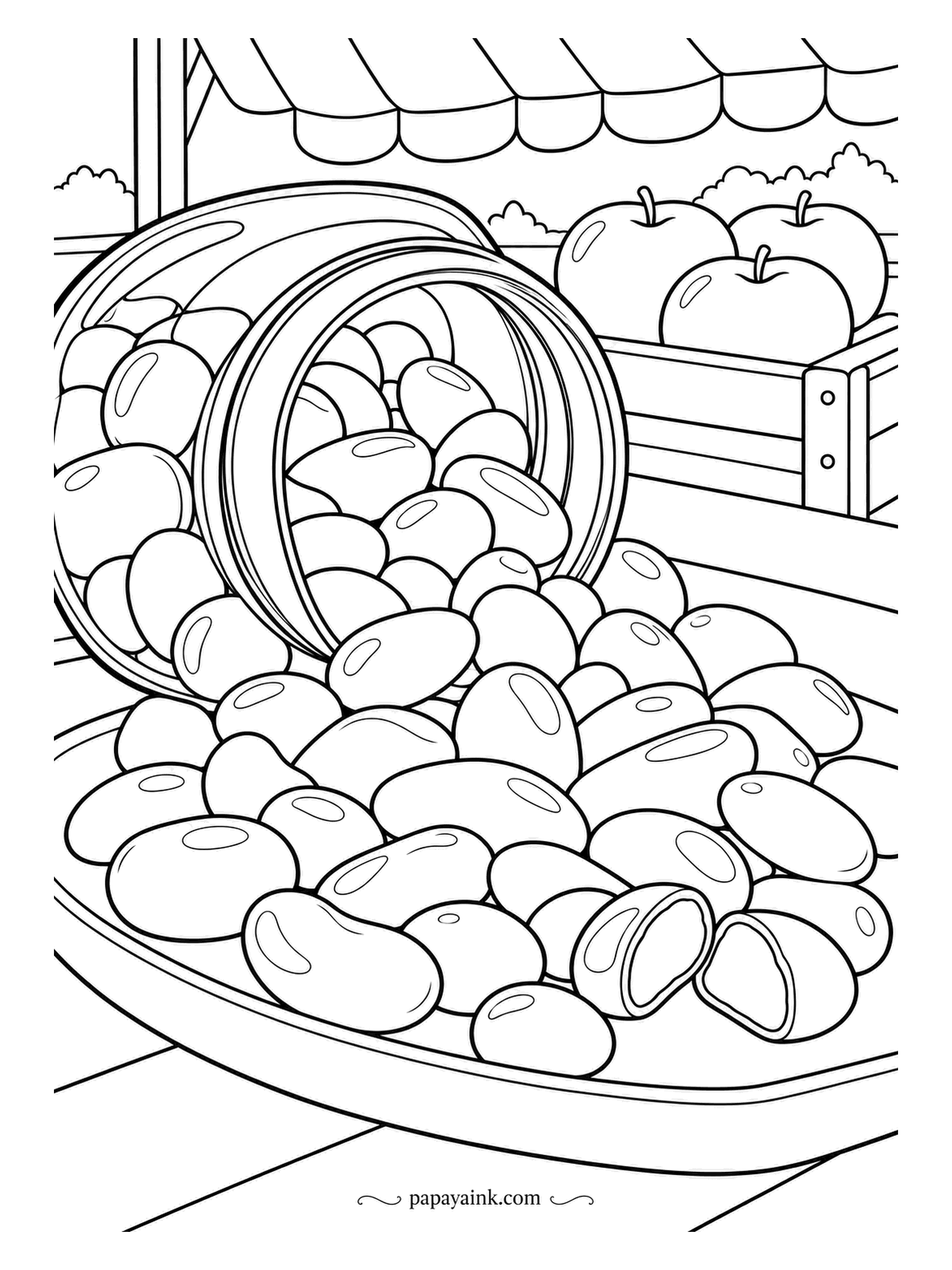 Candy Coloring Pages - Out of a tipped jar and across the market board roll the candy pebbles, under the awning, with a crate of apples at the back. One has lost half to a bite. Big smooth shapes - an easy page with lots of room.