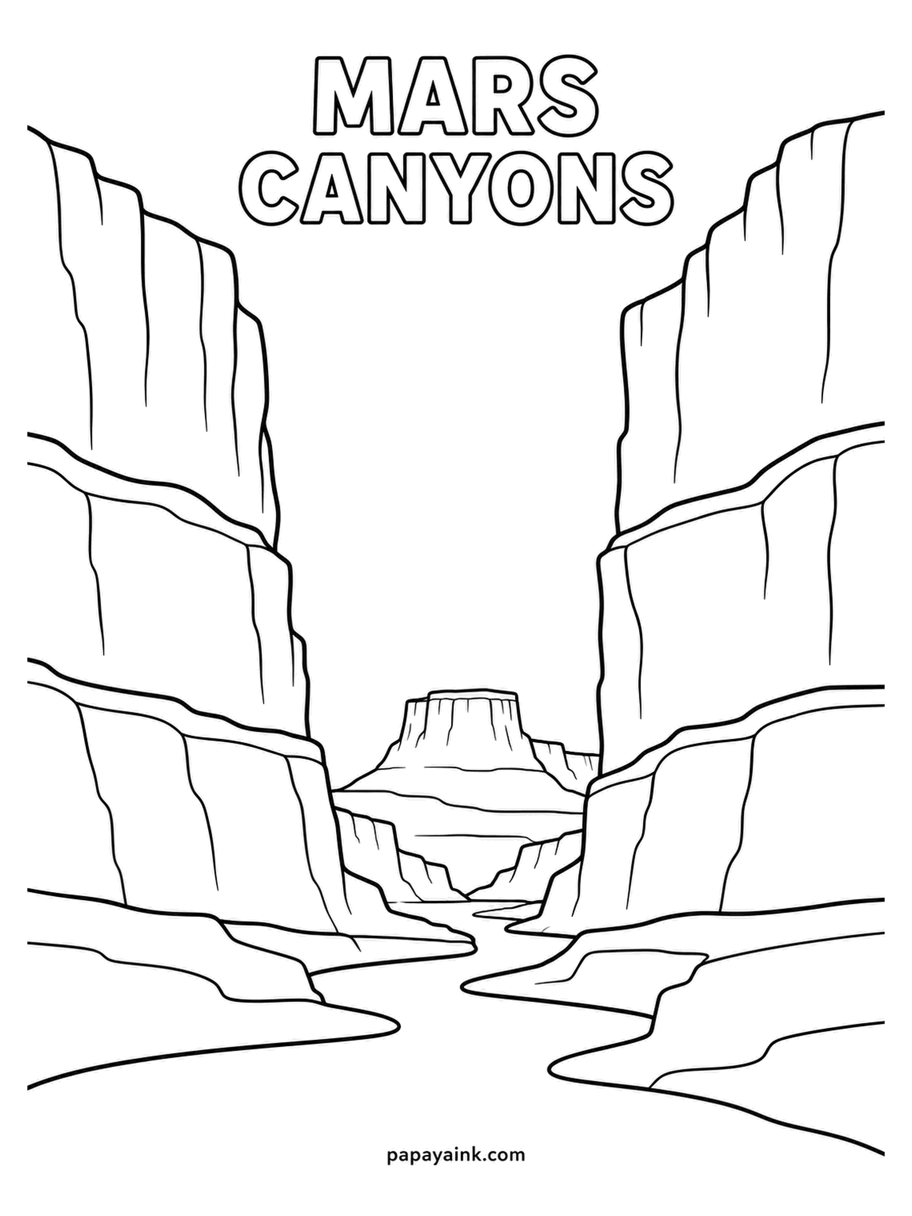 Planet Coloring Pages - Mars canyons at ground level, sheer cliffs on either side and a flat-topped mesa framed at the far end. Layer the rock walls in bands of rust, salmon and chocolate, and keep the heavens a soft butterscotch.