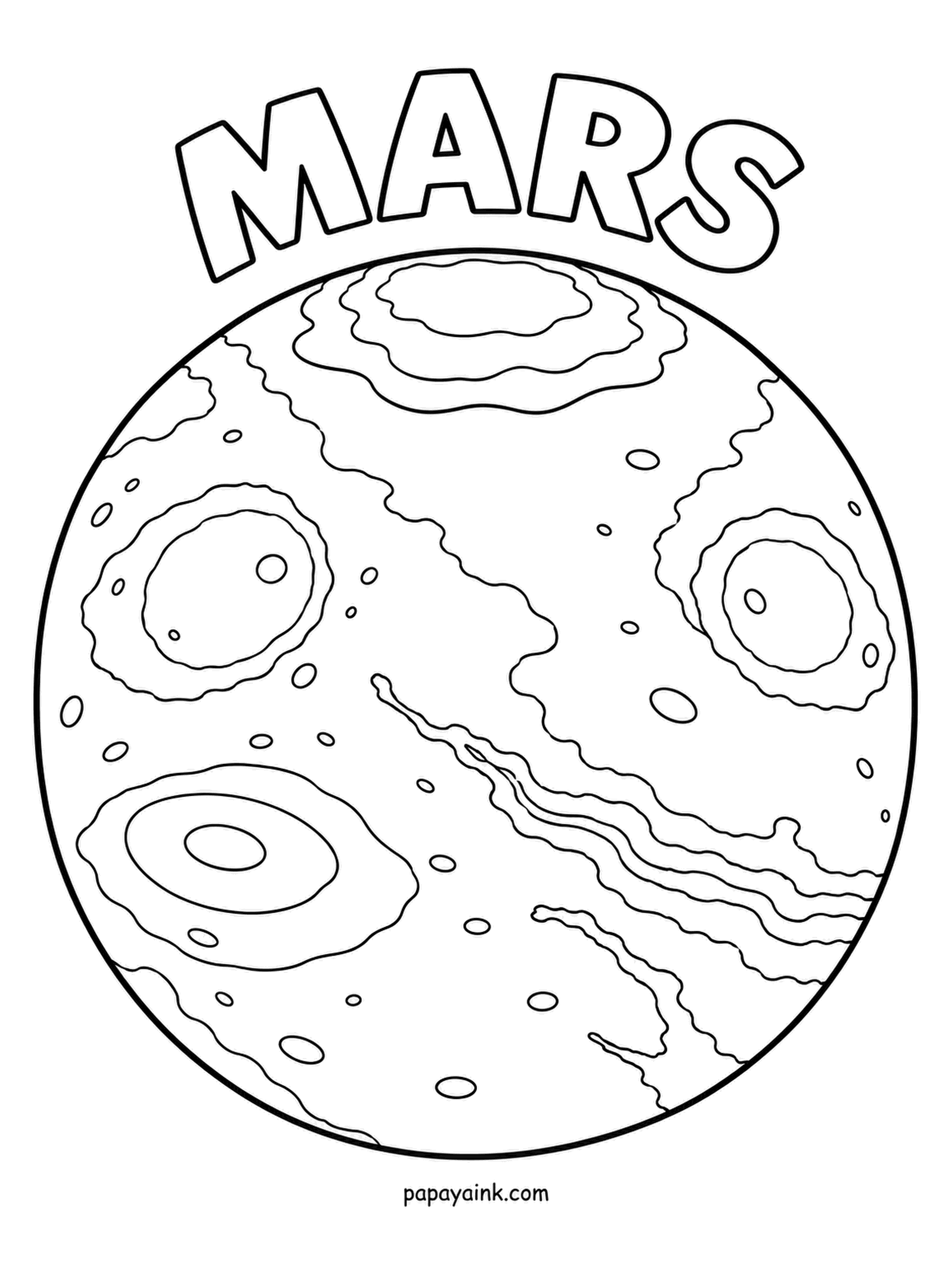 Planet Coloring Pages - Mars shows off its biggest landmarks: an ice cap at the top, giant volcanoes ringed by crater rims, and the long canyon slashing across the middle. Rust everywhere, a dab of frost at the pole, darker umber in the canyon shadows. Detailed.