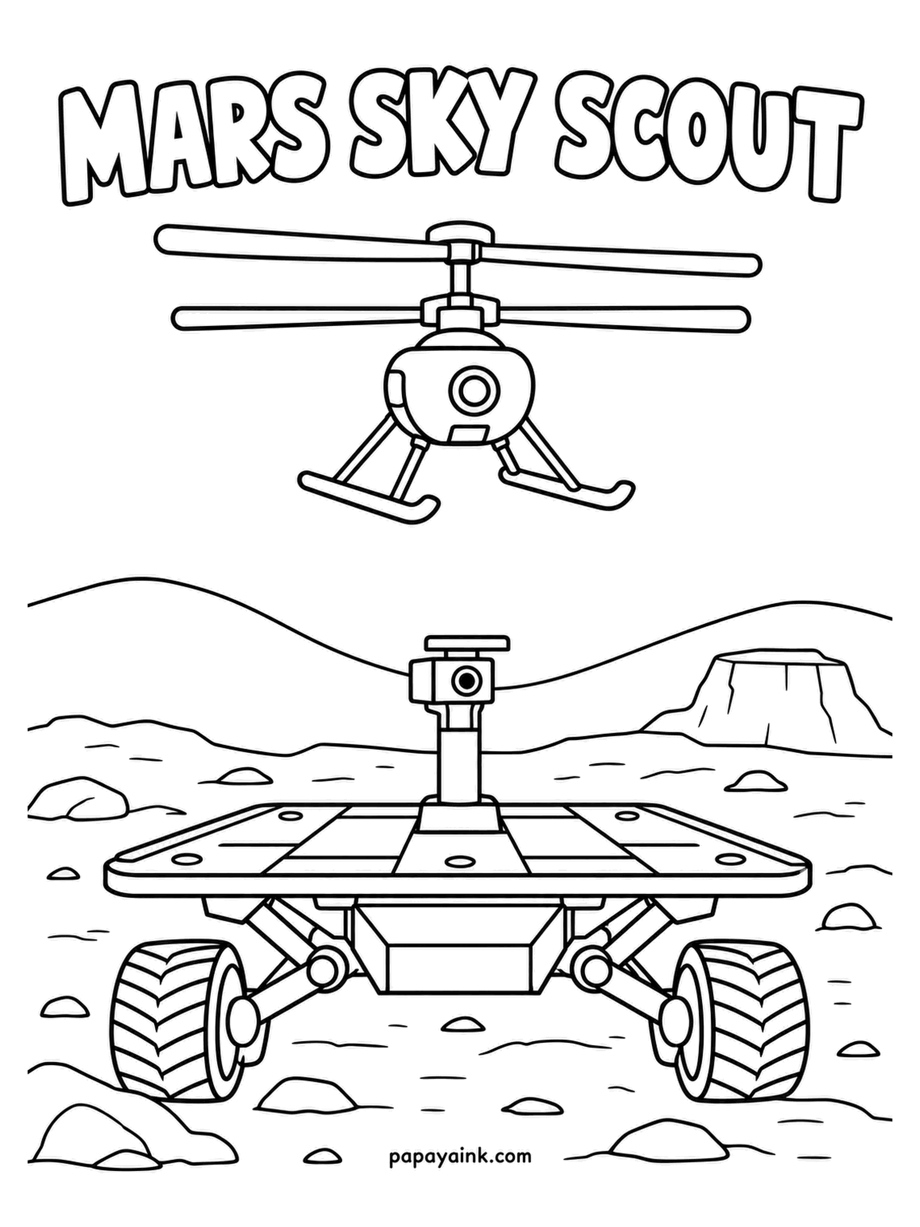 Planet Coloring Pages - Mars sky scout: a little helicopter hovers above a six-wheeled rover rolling across a rocky plain with mesas in the distance. Keep the machines in steel tones, then flood the whole landscape in butterscotch and rust. Detailed.