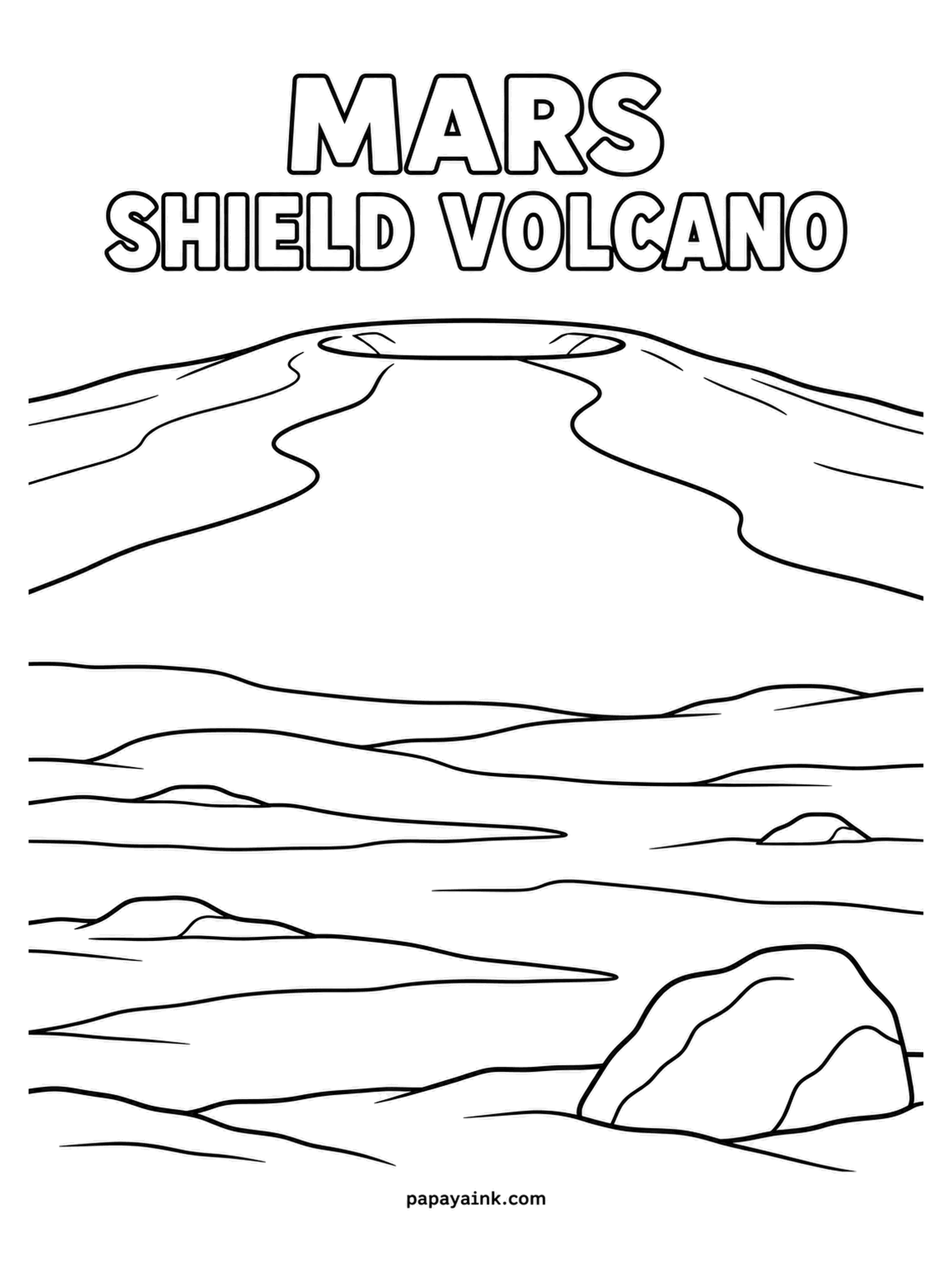 Planet Coloring Pages - Shield volcano on Mars, drawn as the broad, low slope it really is, with a wide caldera at the summit and boulders scattered below. Terracotta slopes, a darker rim at the top, and dusty rose for the plain. Detailed.