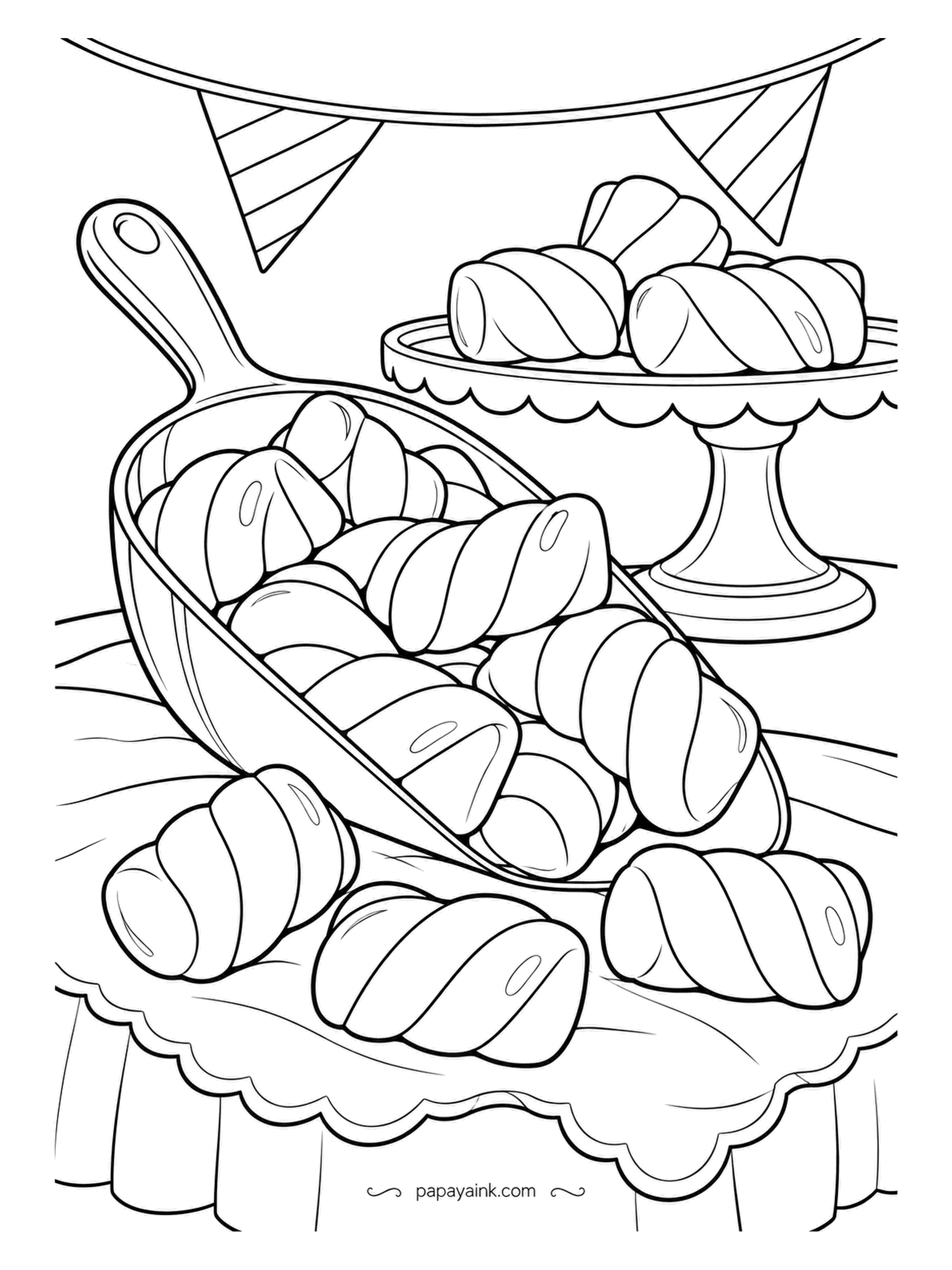 Candy Coloring Pages - Marshmallow twists spill from a metal scoop at the dessert buffet, with a cake stand holding more under a string of party flags. The scalloped tablecloth is as soft as the candy. Pink and white rope stripes are the classic choice here.