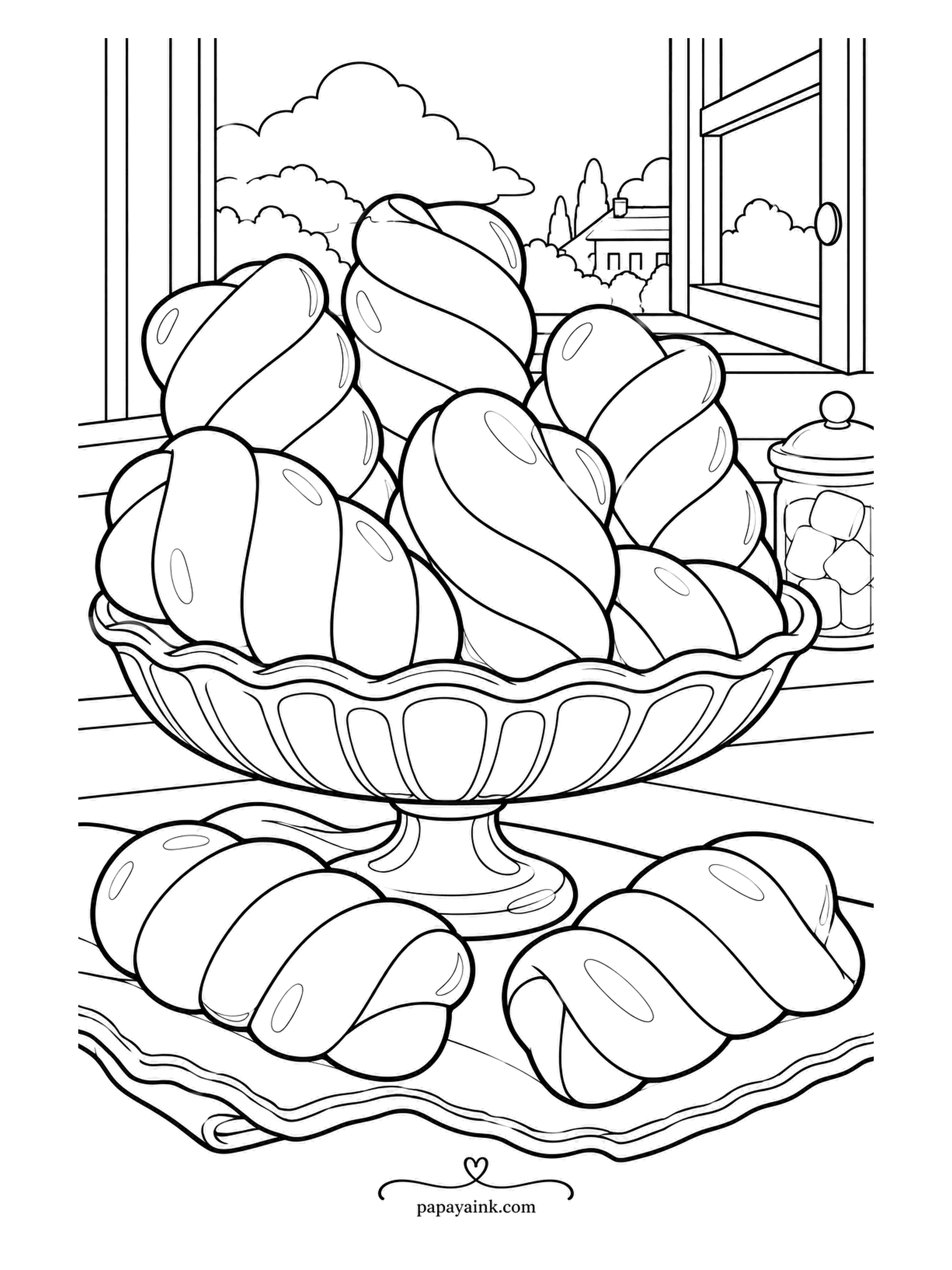 Candy Coloring Pages - Open window, a compote on its stem, marshmallow twists heaped high, and a cottage with clouds in the distance. The dish of cubes at the side is the only competition on the sill. Easy page - big shapes, not much fine detail.