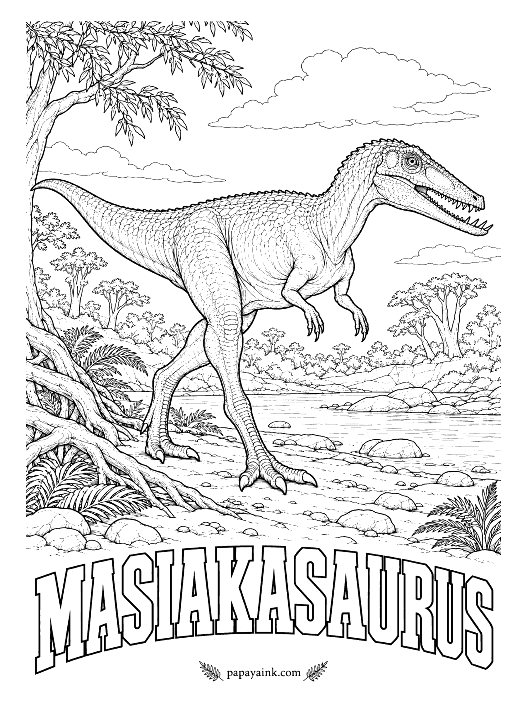 Free Printable Dinosaur Coloring Pages - Its front teeth point straight forward, like almost nothing else among meat-eating dinosaurs. Masiakasaurus (mah-SHEE-ah-kah-SORE-us, vicious lizard) was about 6 feet long, and its species name, knopfleri, honors guitarist Mark Knopfler, whose music seemed to bring the diggers luck. Madagascar, about 70 million years ago.
