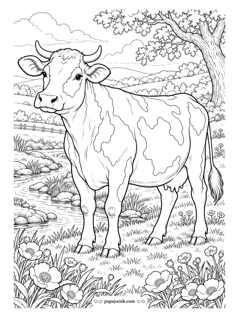 Cow Coloring Pages - Brook, buttercups and an oak spreading overhead: a dairy cow pauses at the water and looks straight at you. The hills behind are laid out in soft bands, so this one rewards a sky that fades from green to blue. Mid-level detail.