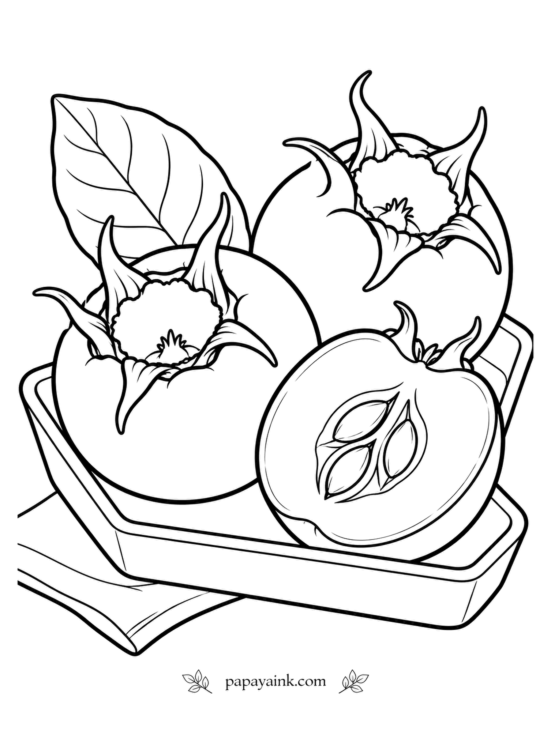 Fruit Coloring Pages - Nobody eats a medlar straight off the tree. It is picked hard and left to soften for weeks until the flesh turns brown and tastes like spiced apple butter. Each fruit wears a ragged crown of long sepals, very visible on this tray. Russet brown skin, toffee-colored flesh.