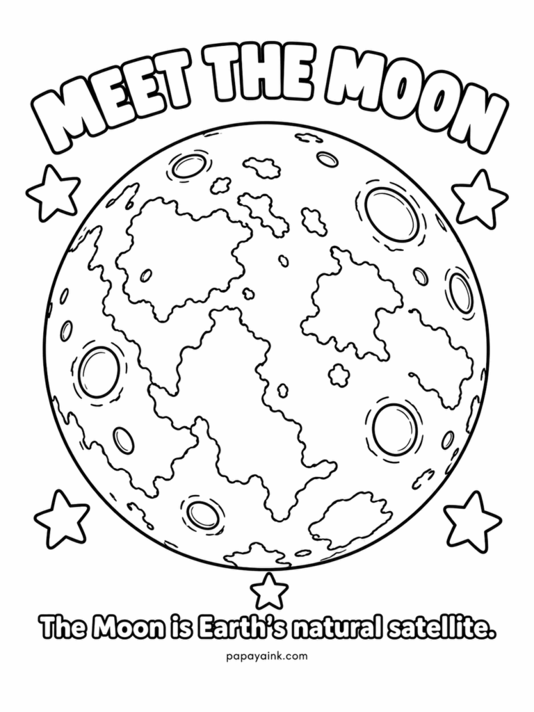 Moon Coloring Pages - Earth's natural satellite drawn the way it looks on a clear night: dark patches of ancient lava across the middle, bright cratered ground around the edge. Shade the big patches gray and leave the rest pale, which is exactly what the Moon itself does.